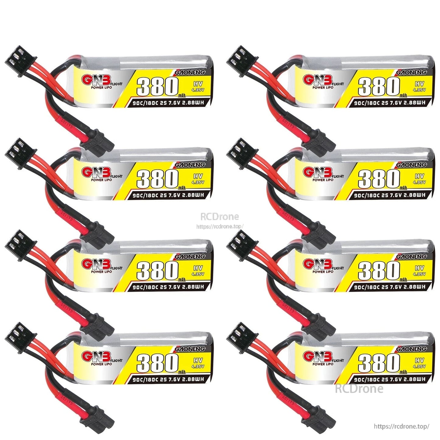 Eight 380mAh 2S LiHV batteries displayed in grid arrangement with XT30 leads and balance plugs