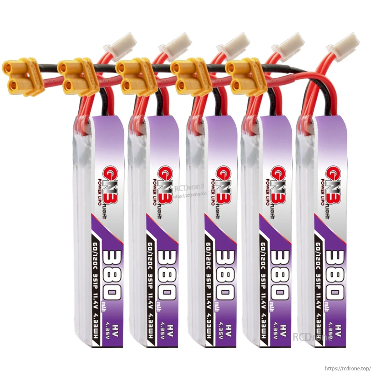 Five GNB 380 LiHV batteries group photo with XT30 plugs and balance leads