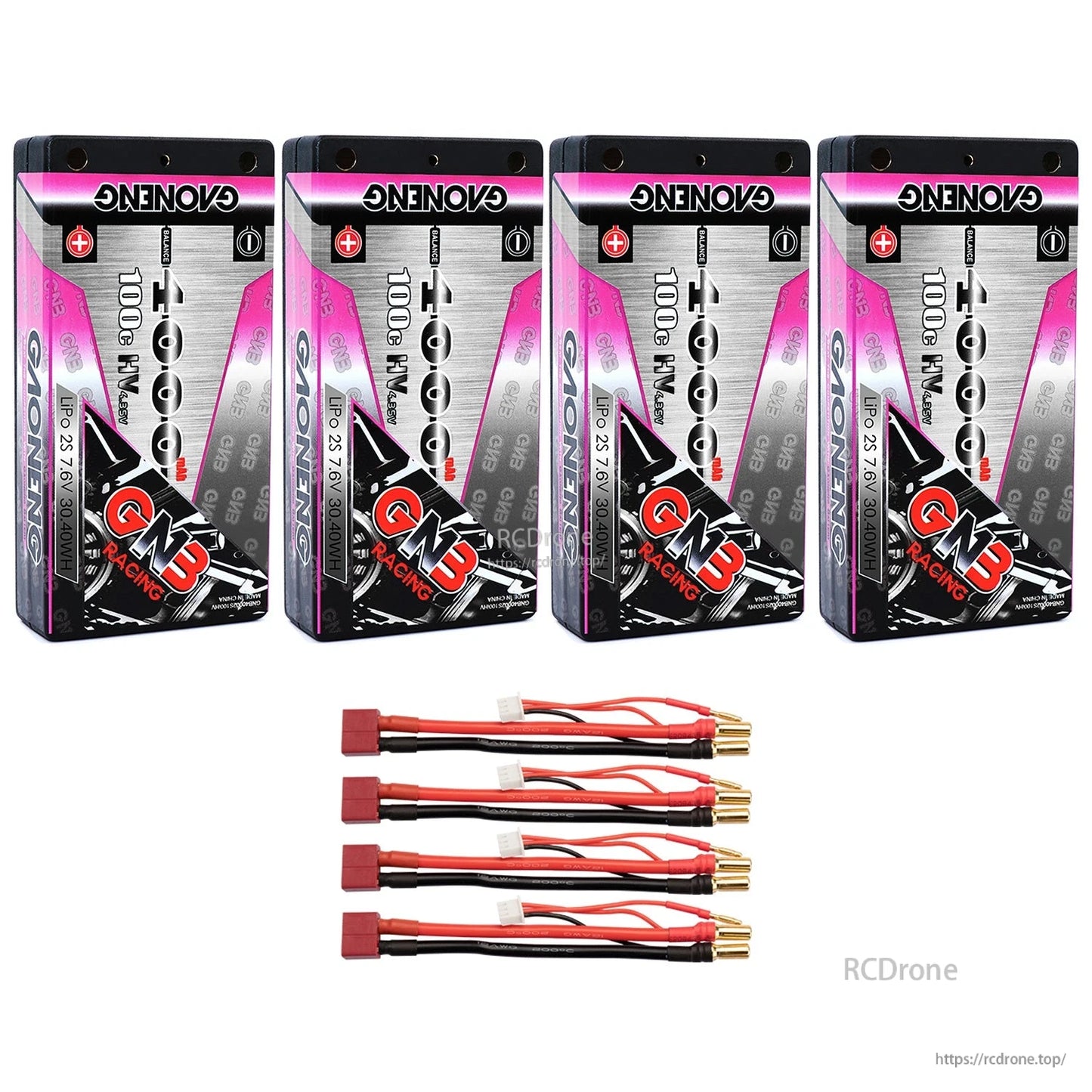 Four GAONENG GNB 4000mAh 100C HV shorty hard case batteries with Deans plug leads