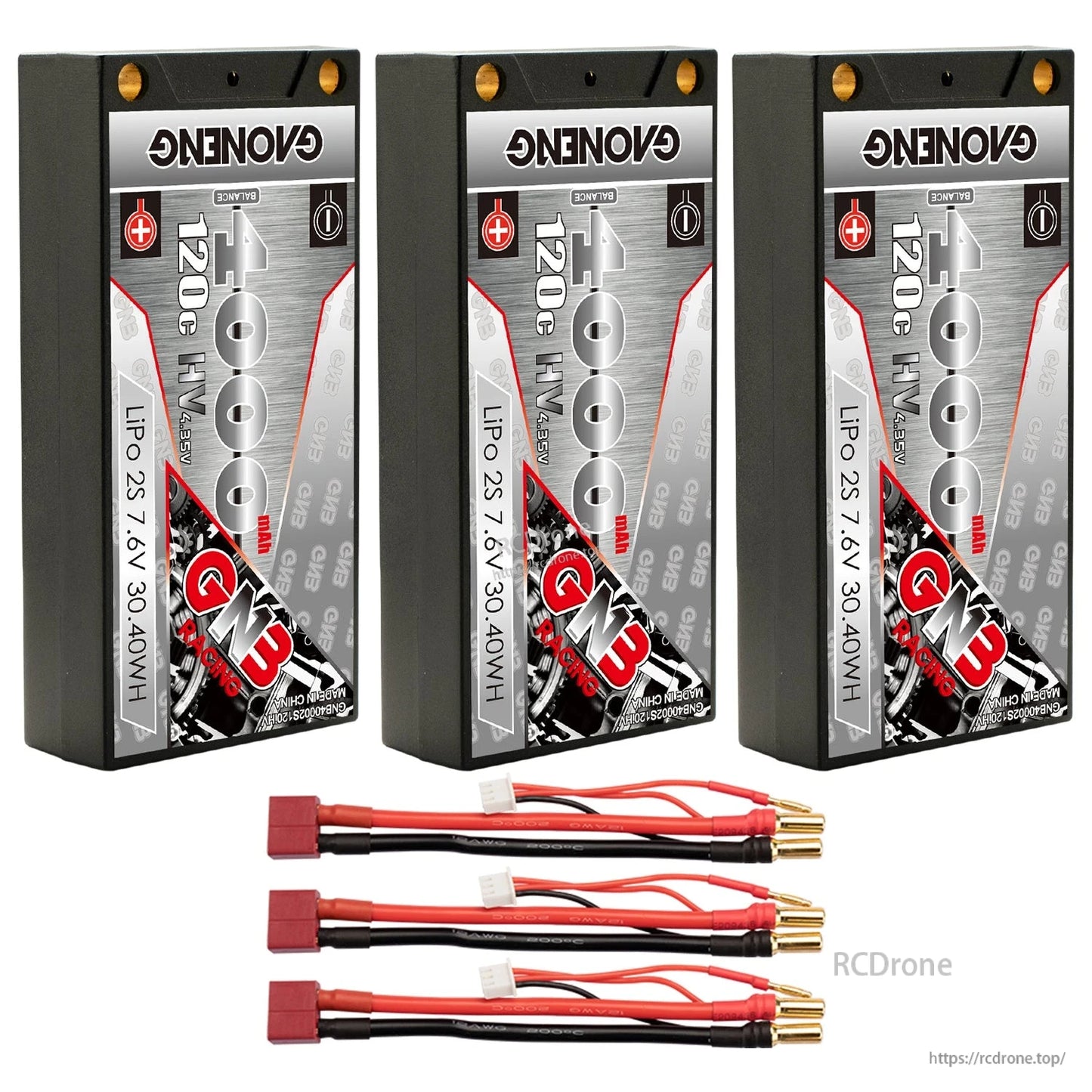 Bundle photo: three GAONENG 4000mAh shorty batteries with three Deans/T-plug to 5mm bullet leads