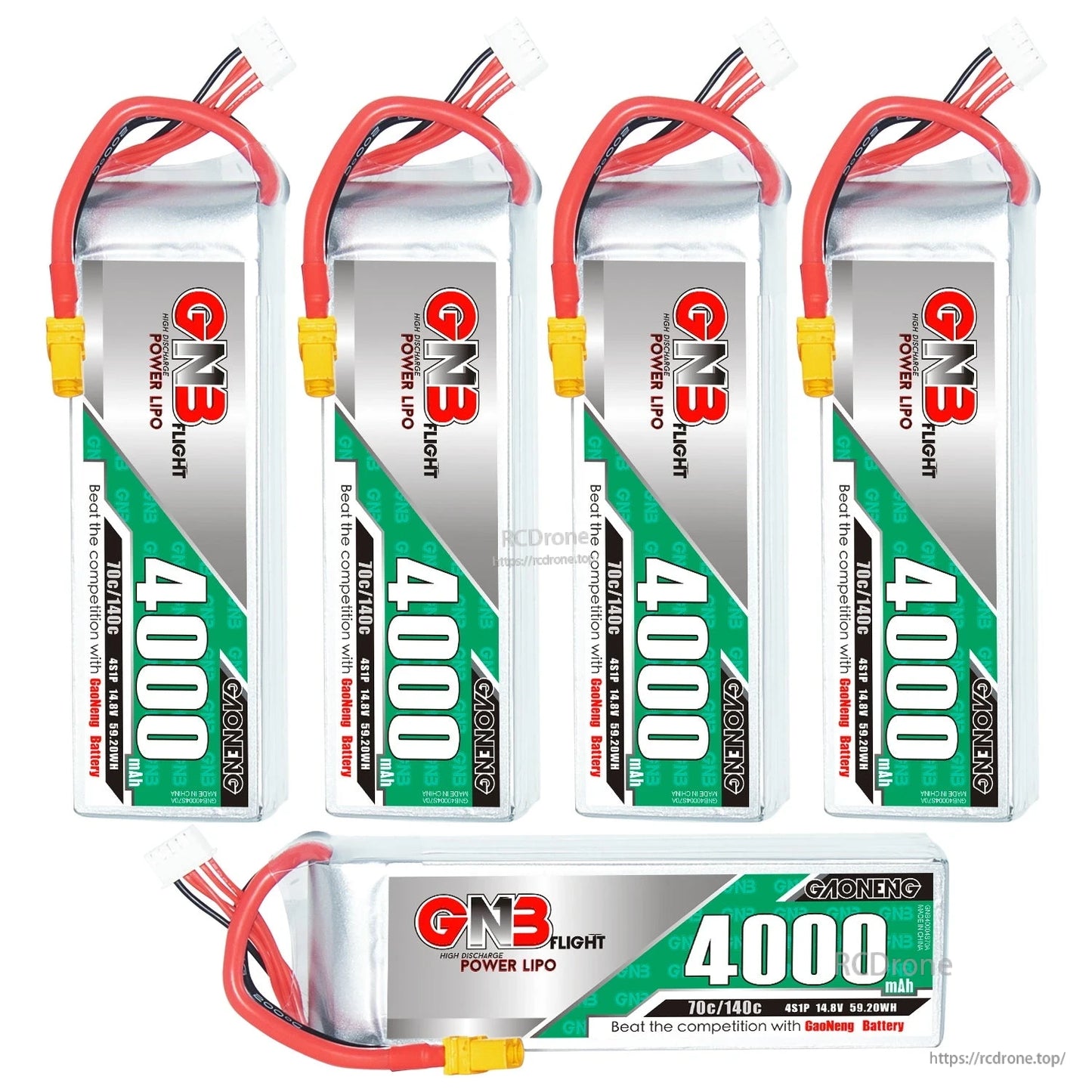 Five-pack layout of GAONENG GNB 4000mAh LiPo batteries, four upright plus one horizontal