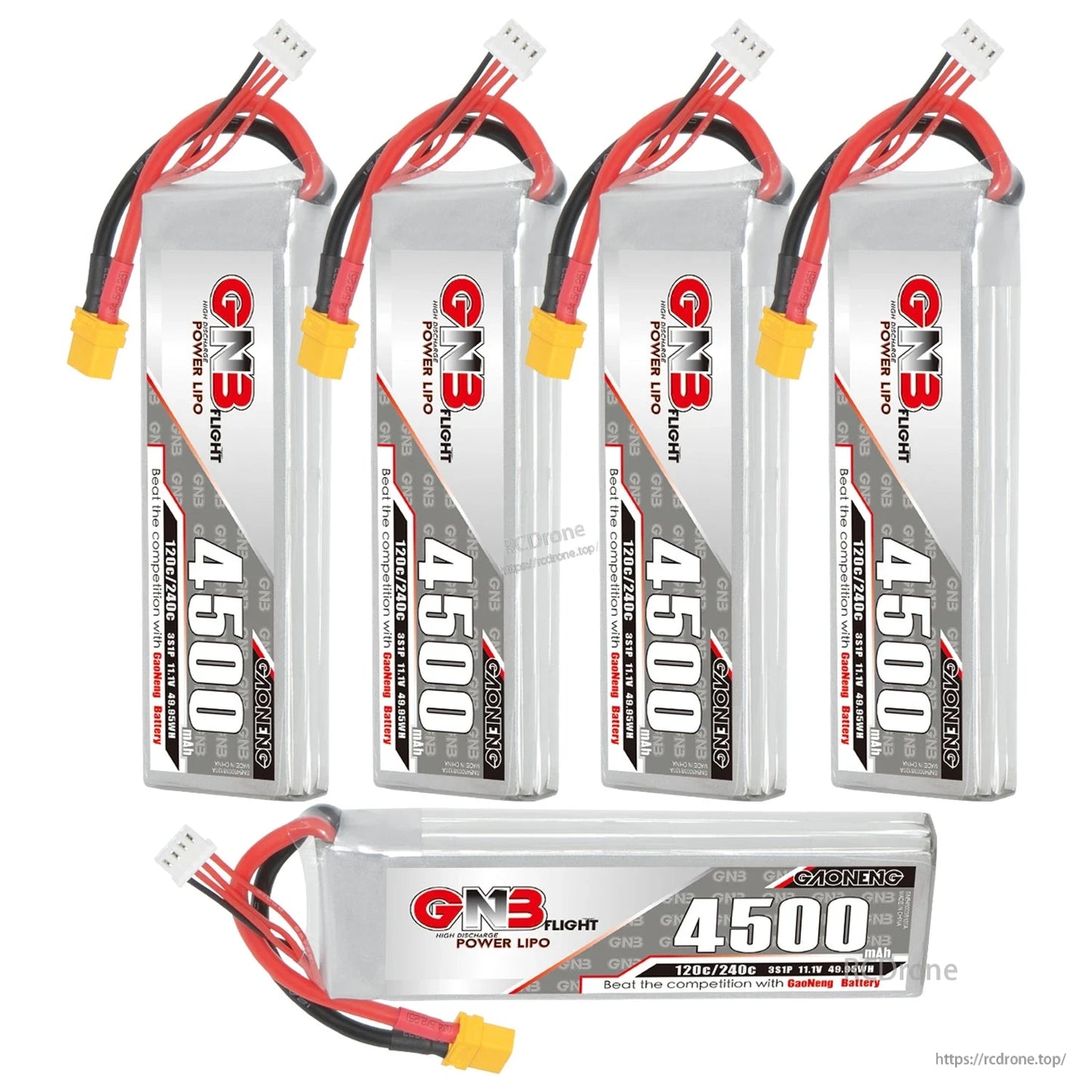 Set of five GNB 4500 LiPo batteries, four upright and one horizontal showing label and leads