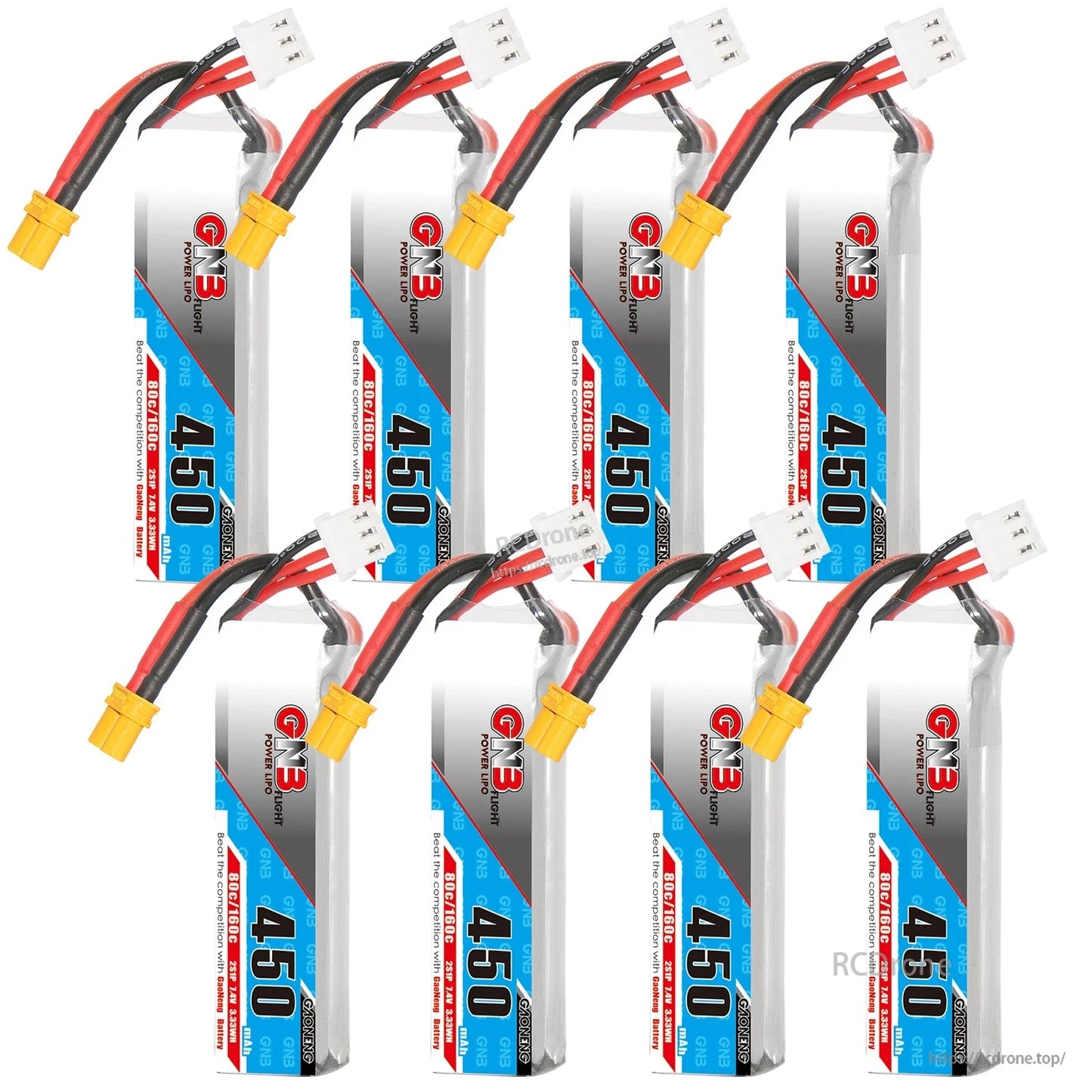Grid collage showing eight long GNB 450mAh LiPo batteries upright with XT30 connectors