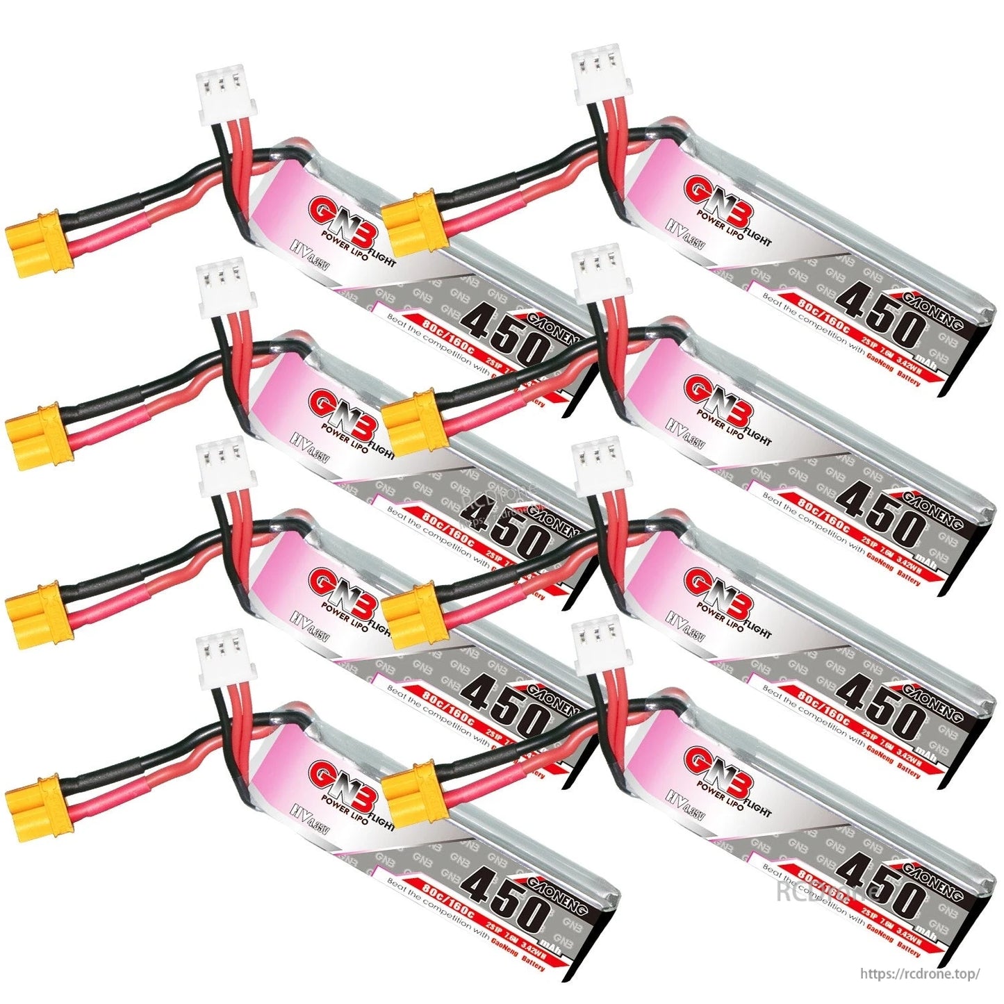 Eight GNB 450 LiHV batteries arranged diagonally, highlighting XT30 plugs and balance connectors