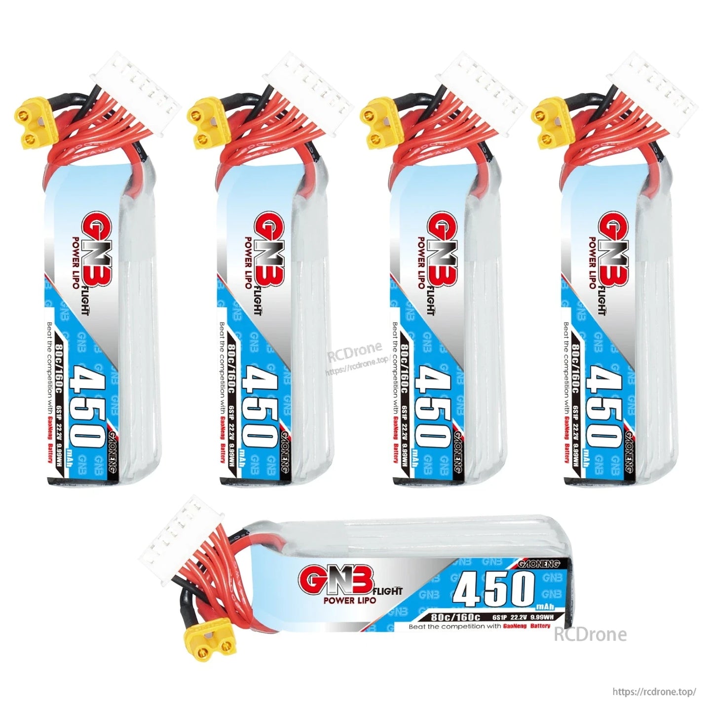 Five GNB 450mAh long LiPo batteries shown together, four upright plus one horizontal side view