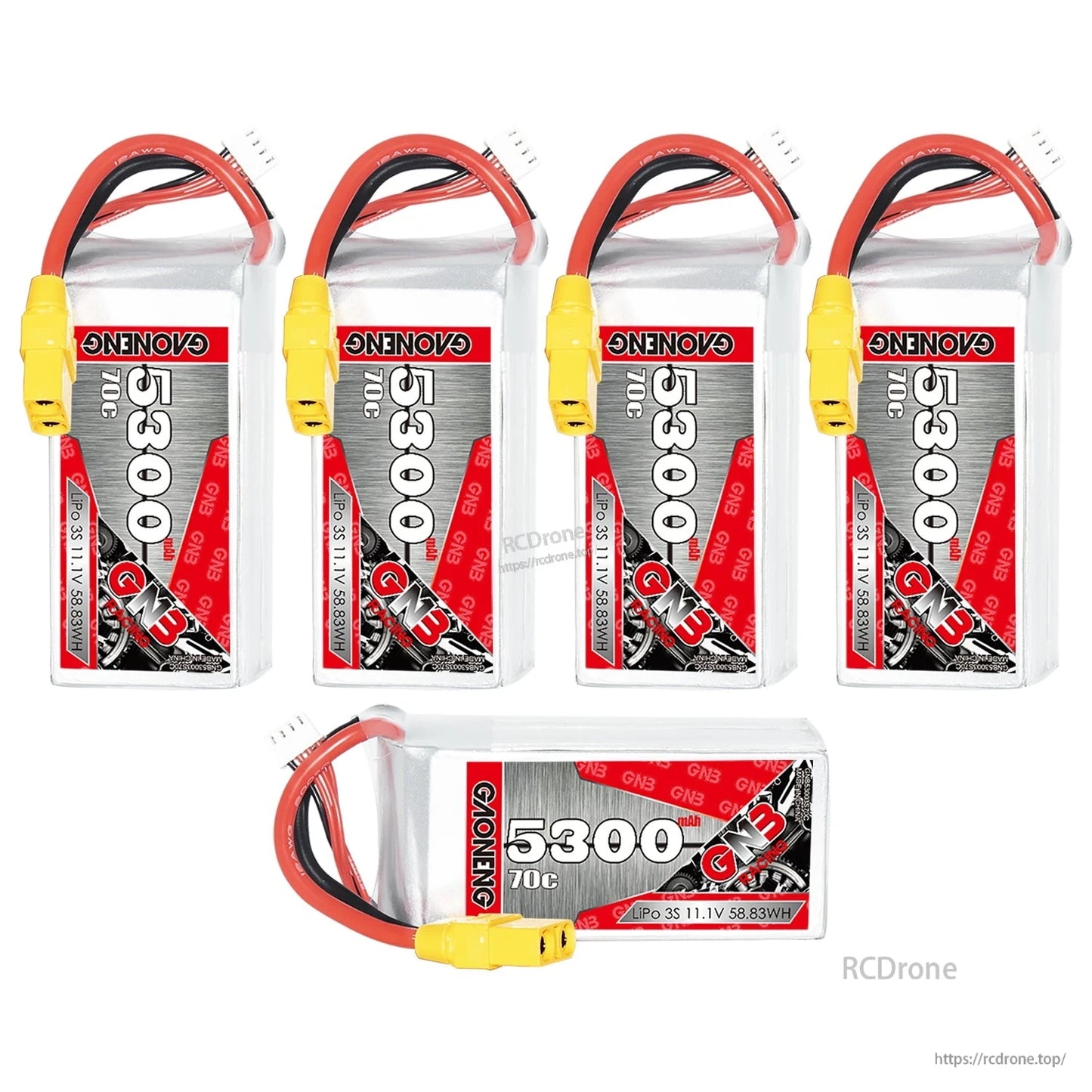 Group display of five GNB 5300mAh 70C LiPo batteries, four upright plus one horizontal pack