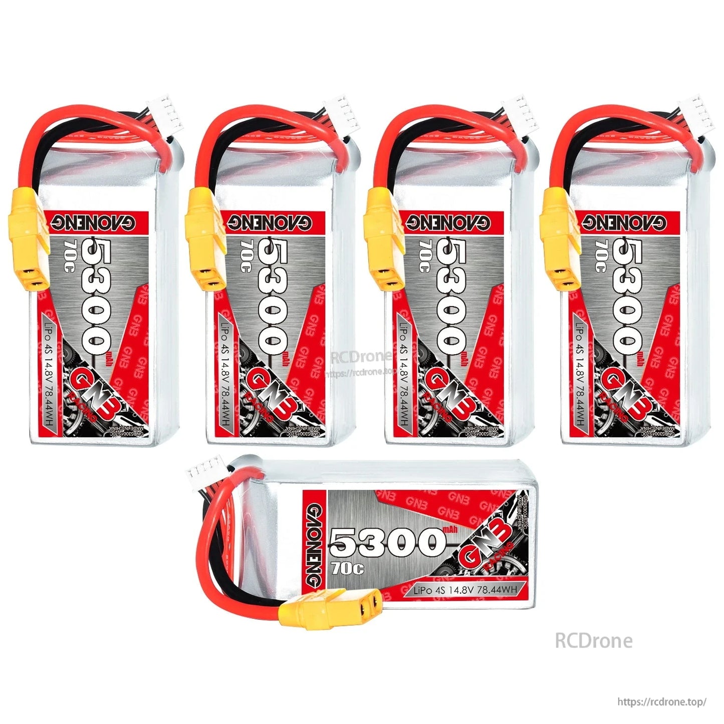 Bundle layout with five GAONENG 5300mAh 70C LiPo batteries, four upright and one horizontal