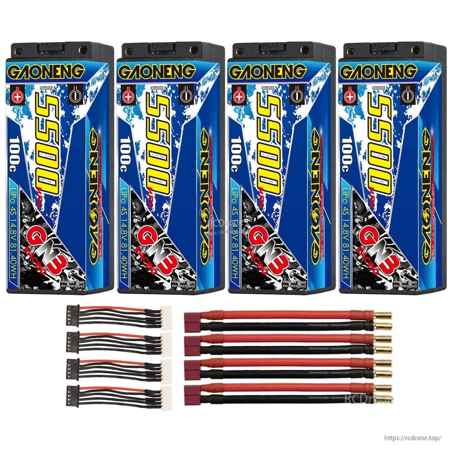 Four-pack GAONENG GNB 5500 100C batteries with Deans-style T plug leads and balance cables
