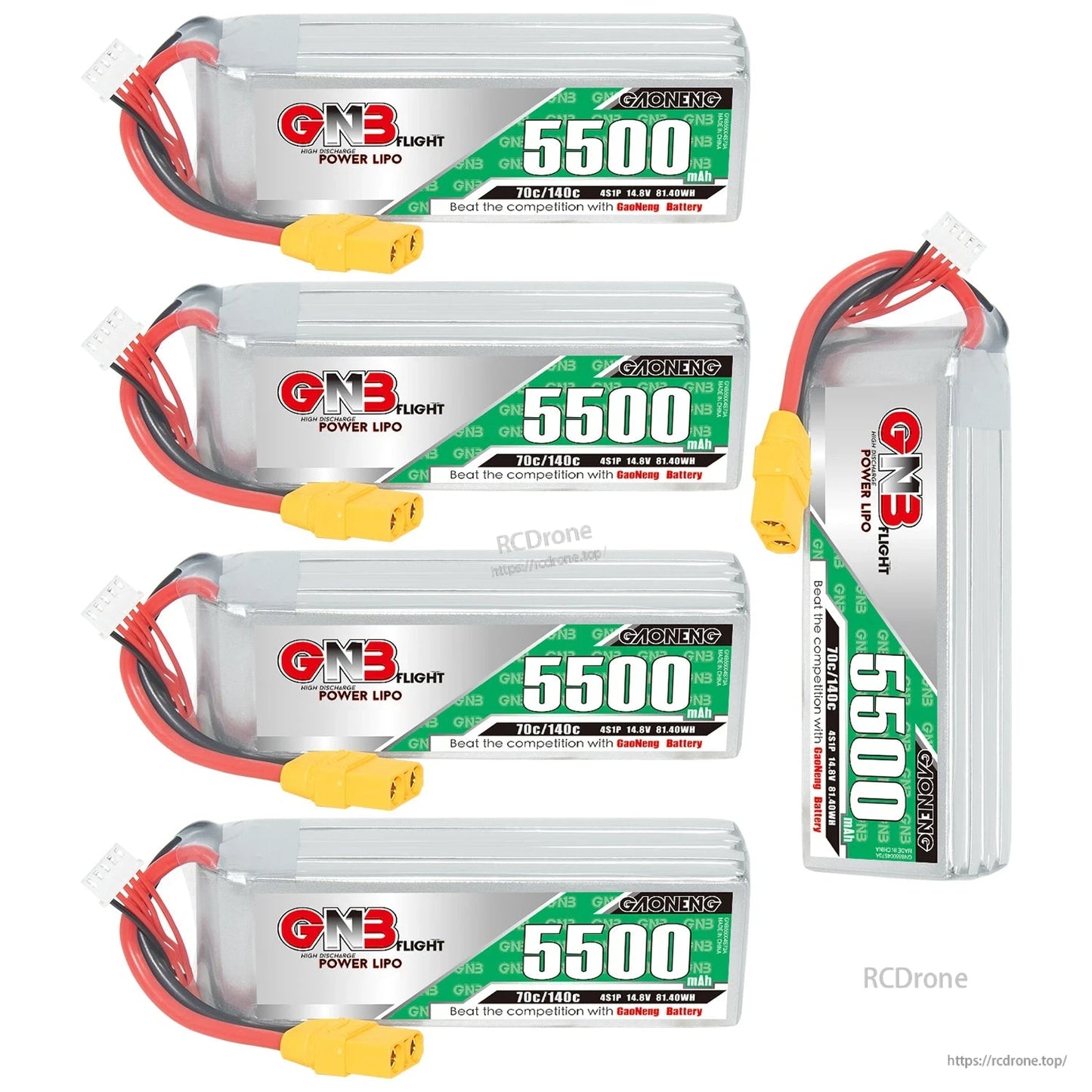 Multiple GNB 5500mAh LiPo batteries shown, including one upright unit and four horizontal