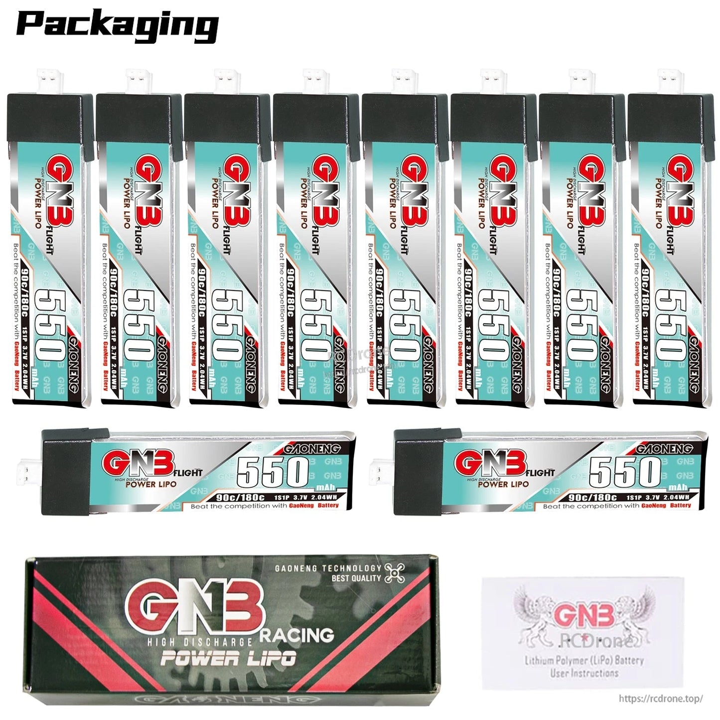 Packaging set with ten GNB 550 batteries, two horizontal battery views, box, and manual card