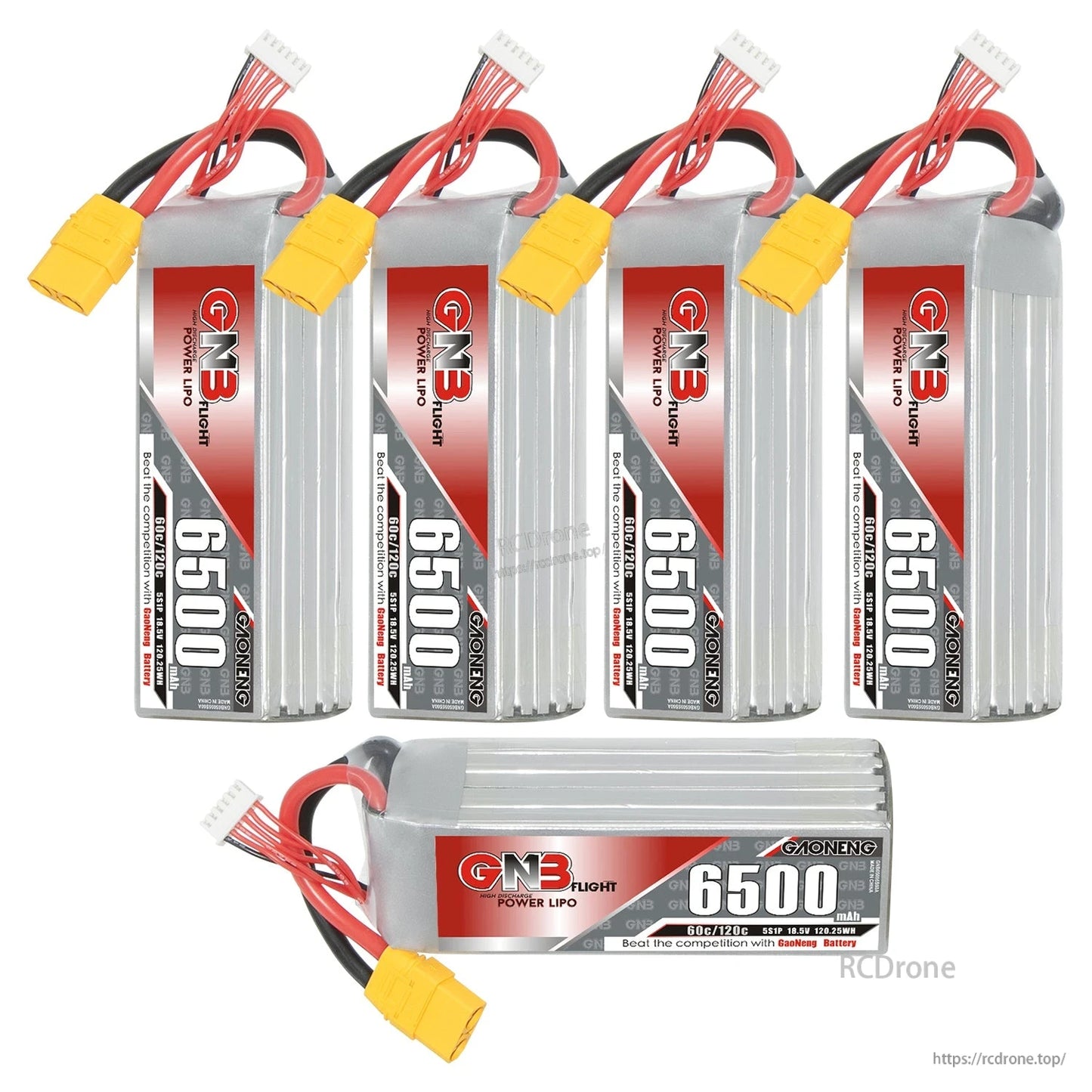 Bundle layout: four upright GNB 6500 packs plus one horizontal pack showing top label and leads