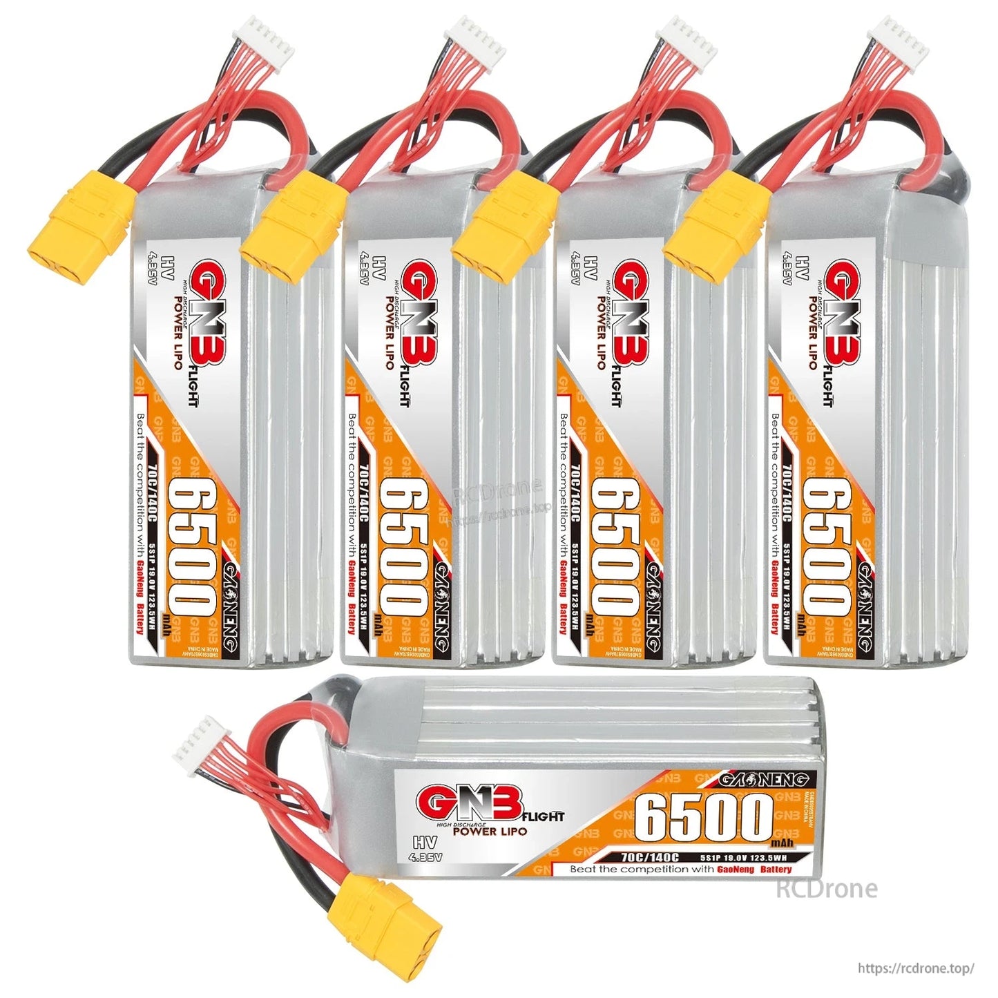 Bundle image showing multiple GNB 6500 HV LiPo batteries, including five upright and one horizontal
