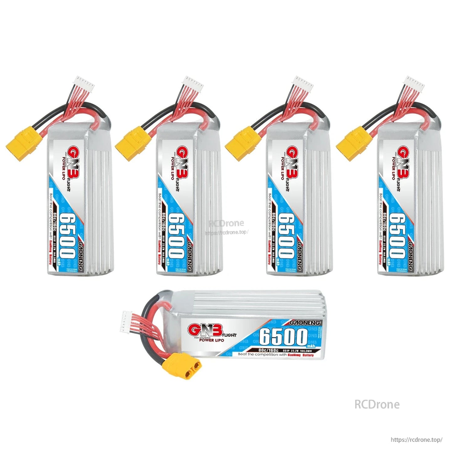 Five-piece display: four upright GNB 6500 packs plus one horizontal pack showing label side