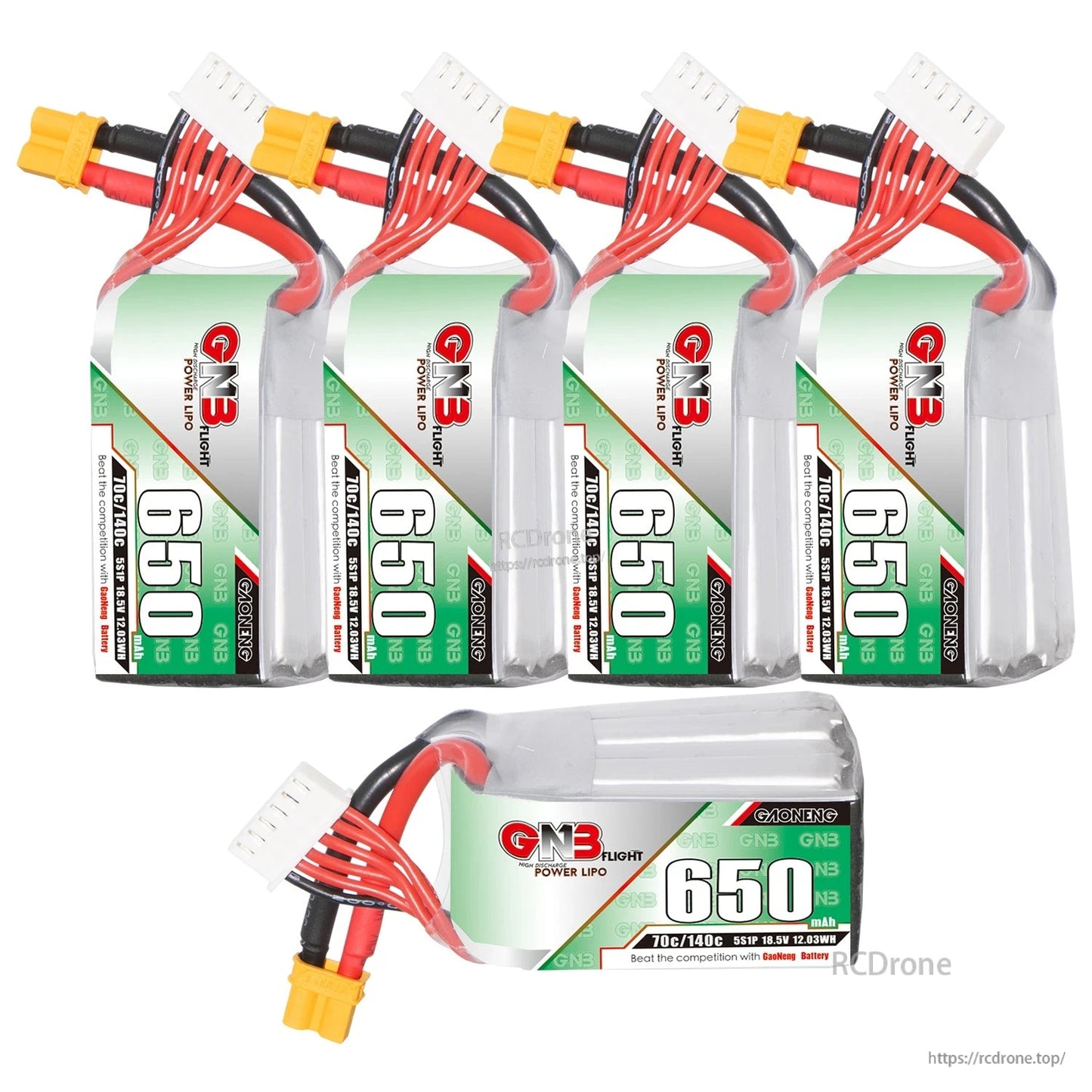 Five GNB 650mAh LiPo batteries set, four upright plus one horizontal showing top label and leads
