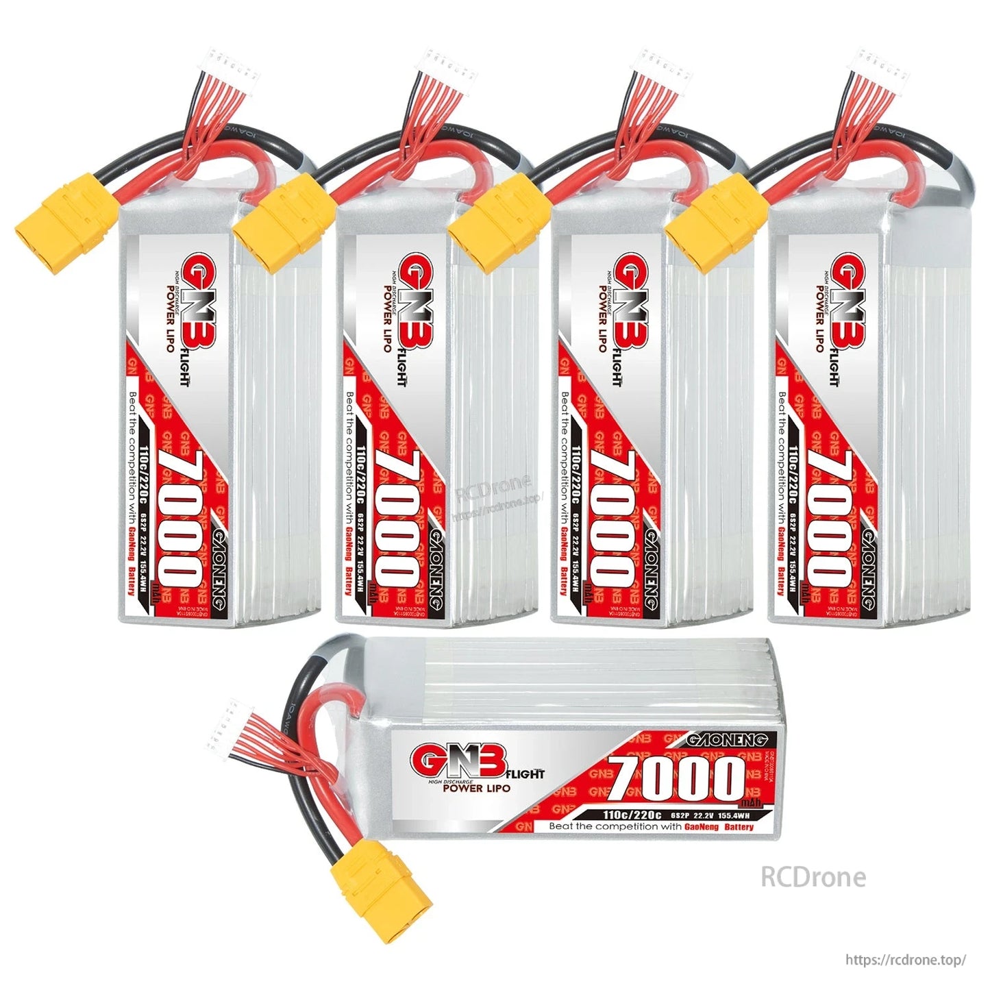 Set of four upright GN3 7000mAh packs plus one horizontal pack displayed, XT90 leads visible