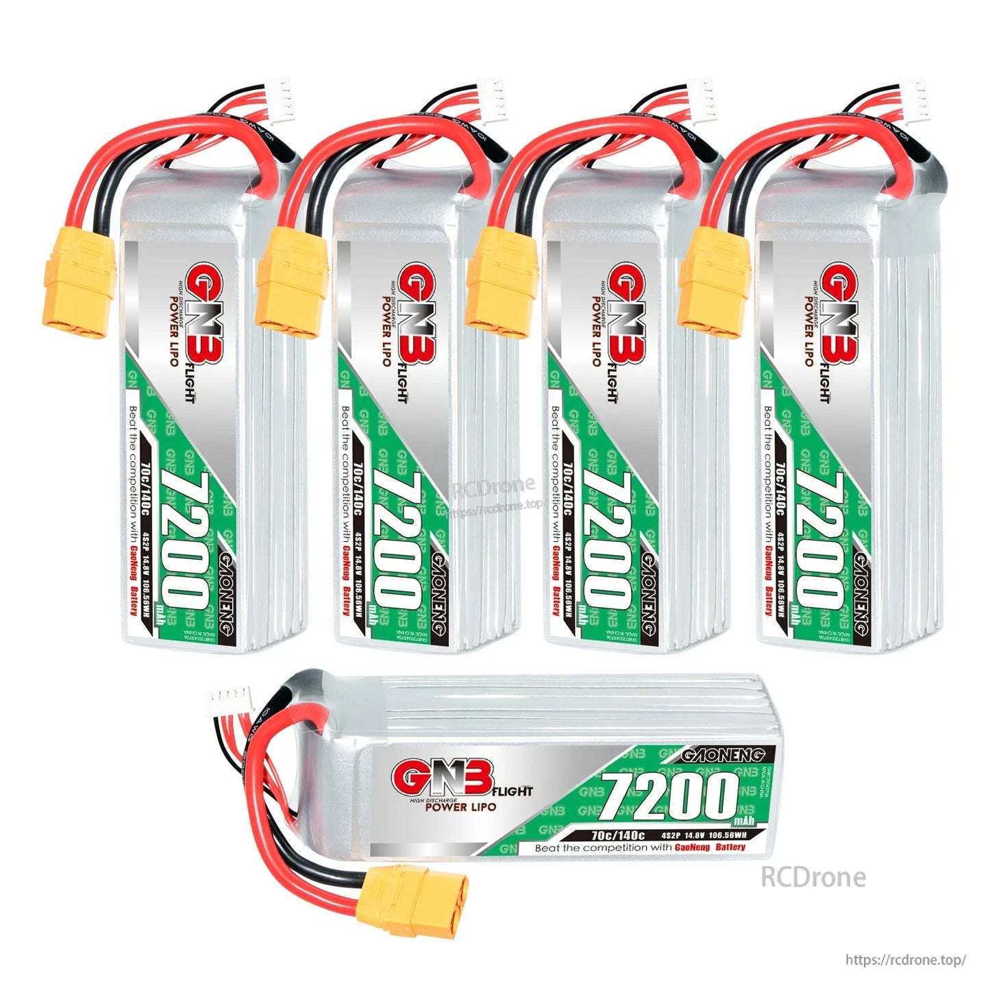 Assorted set of GNB 7200 batteries: four upright plus one horizontal pack with XT90 lead