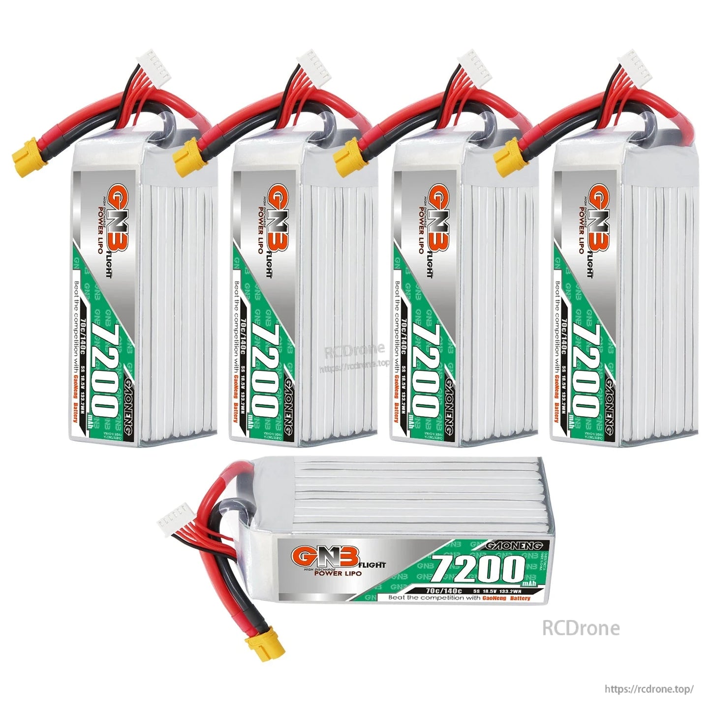 Five GNB 7200mAh LiPo batteries shown (four upright, one horizontal) with XT60 connectors