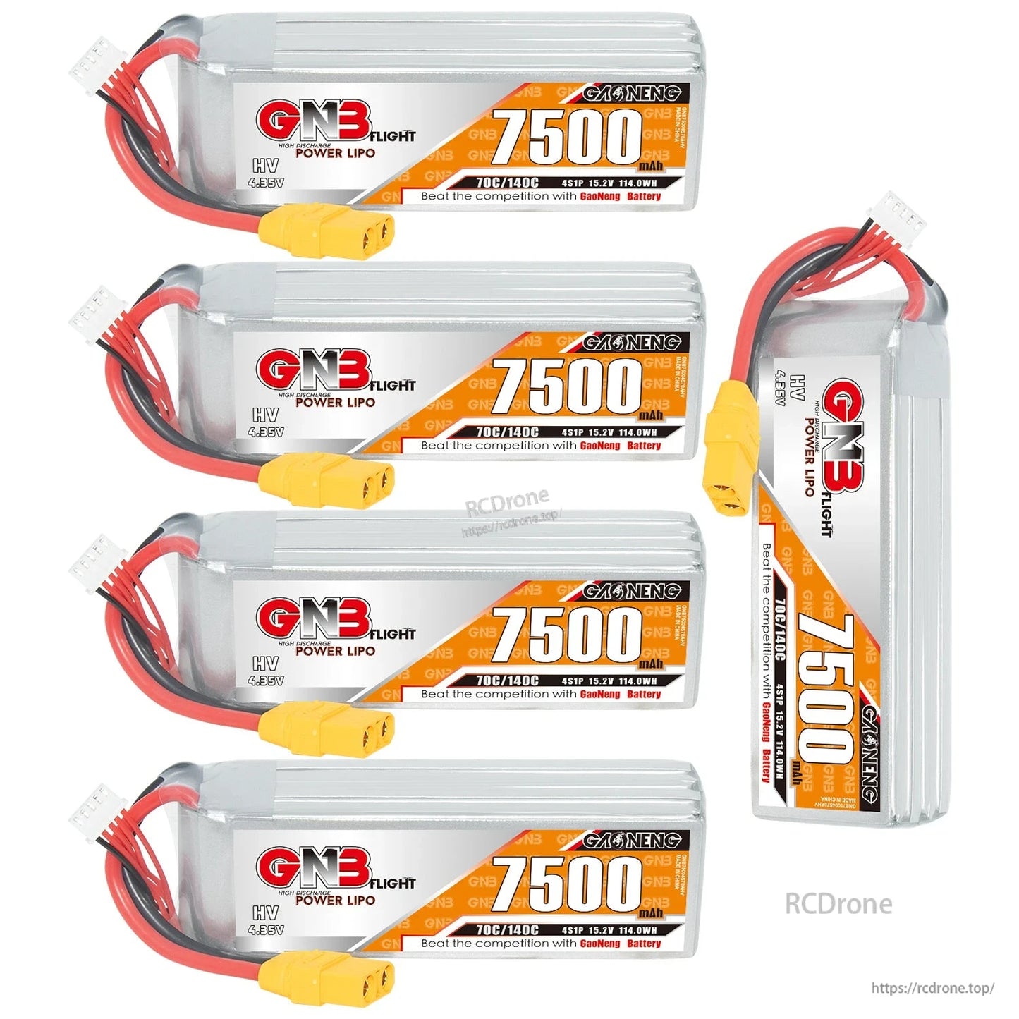 Four horizontal GNB 7500mAh LiPo batteries plus one standing battery, XT90 plugs shown
