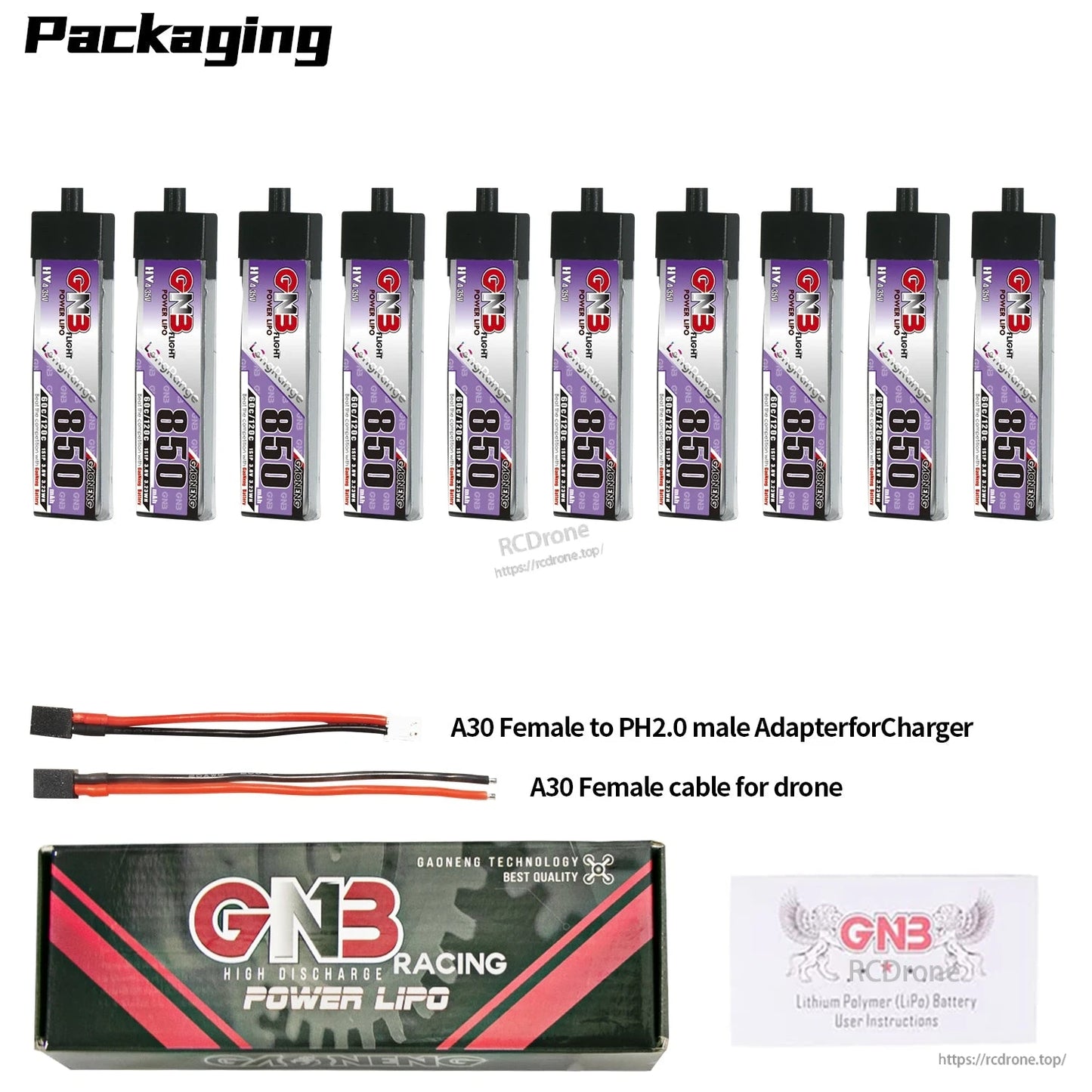 Package contents: 10 batteries plus A30 to PH2.0 adapter lead, A30 female cable, GNB retail box