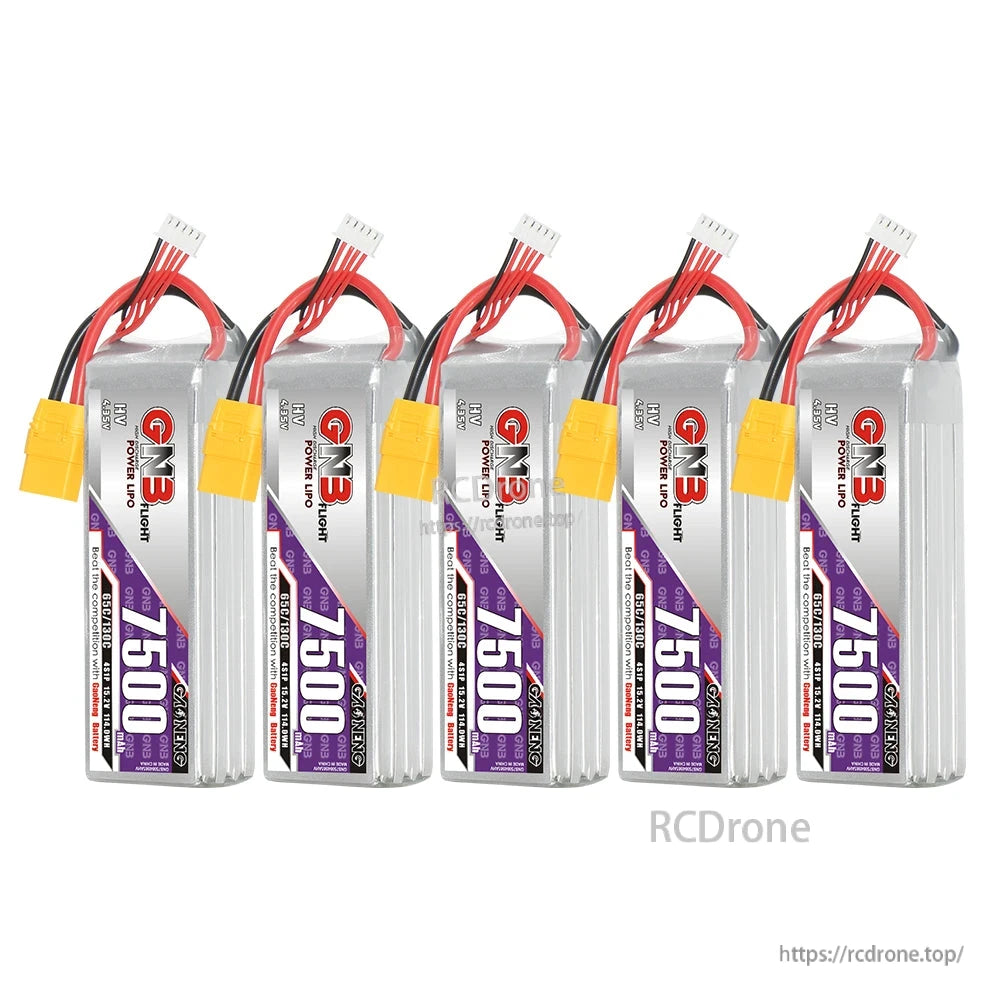 Five GAONENG GNB 7500mAh LiHV batteries lined up upright showing labels and XT90 leads
