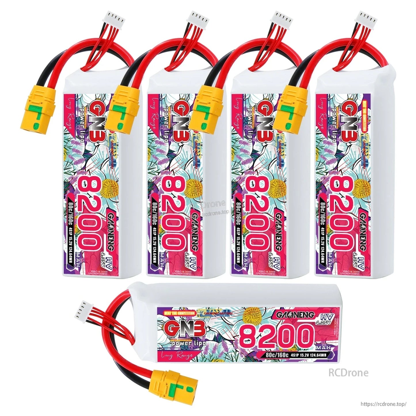 Five GNB 8200mAh LiHV 4S batteries assortment with four standing and one horizontal