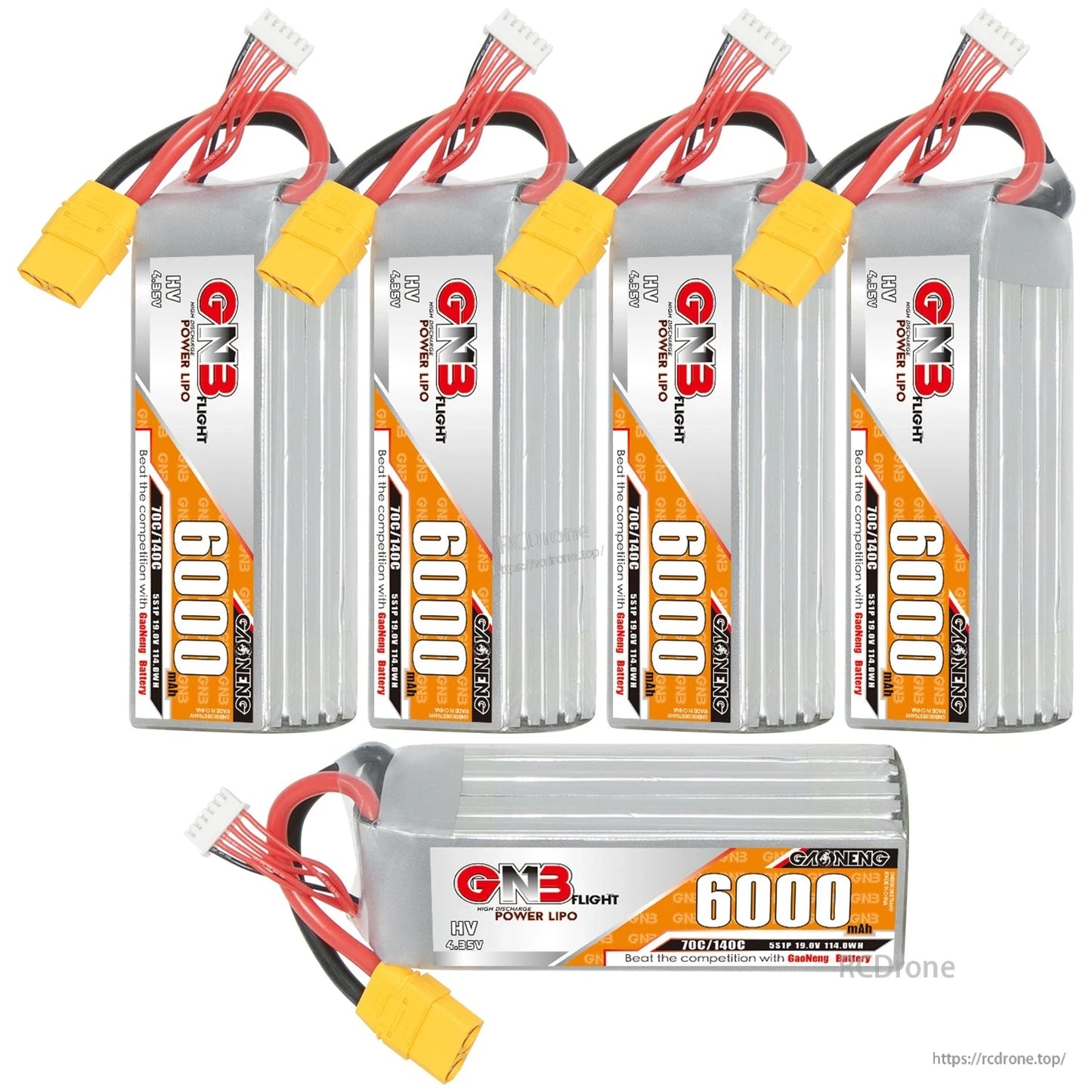 Set view with four upright and one horizontal GNB 6000mAh HV LiPo packs, showing labels and XT90 leads