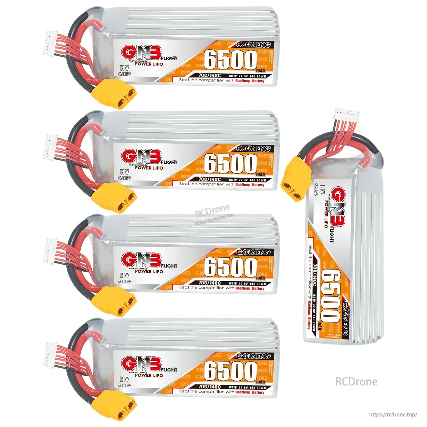 Set of four GNB 6500mAh 6S LiHV LiPo batteries shown with one additional pack upright, XT90 leads visible