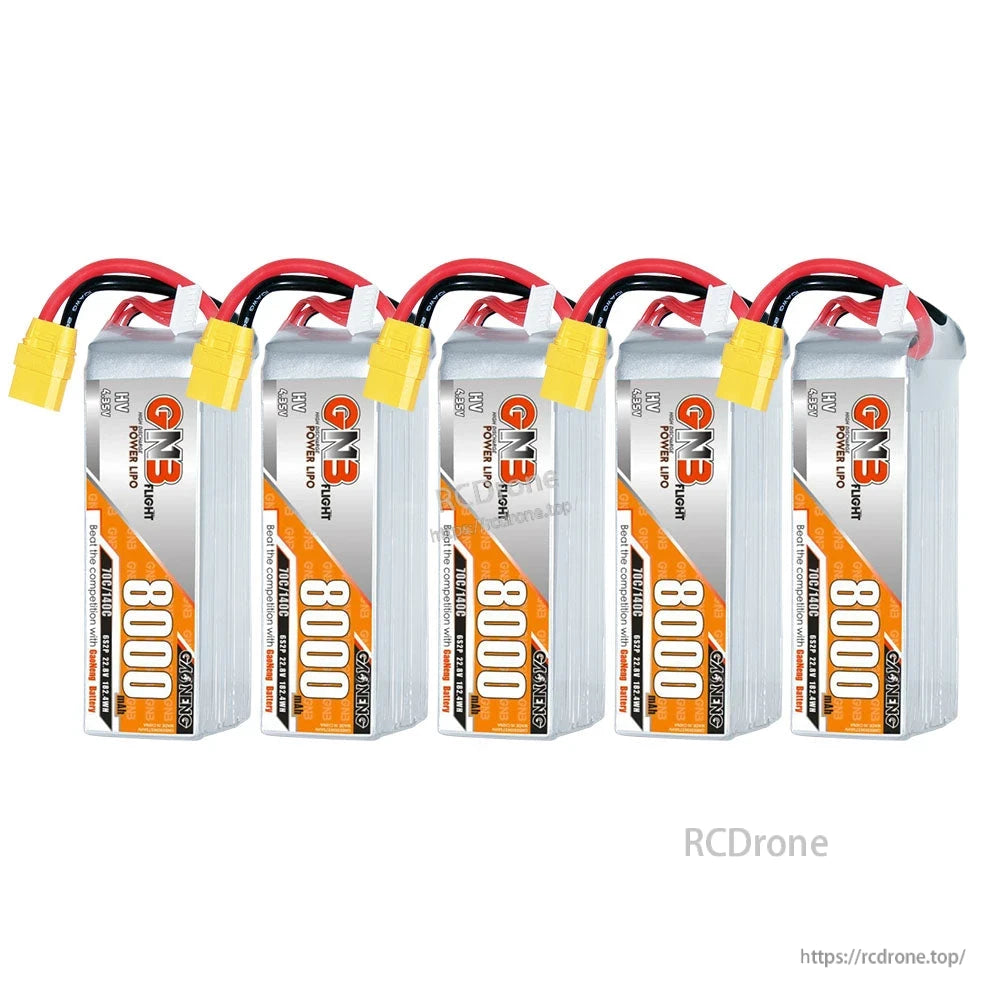 Five GNB HV 6S 8000mAh LiHV LiPo batteries in a row with yellow XT90 connectors