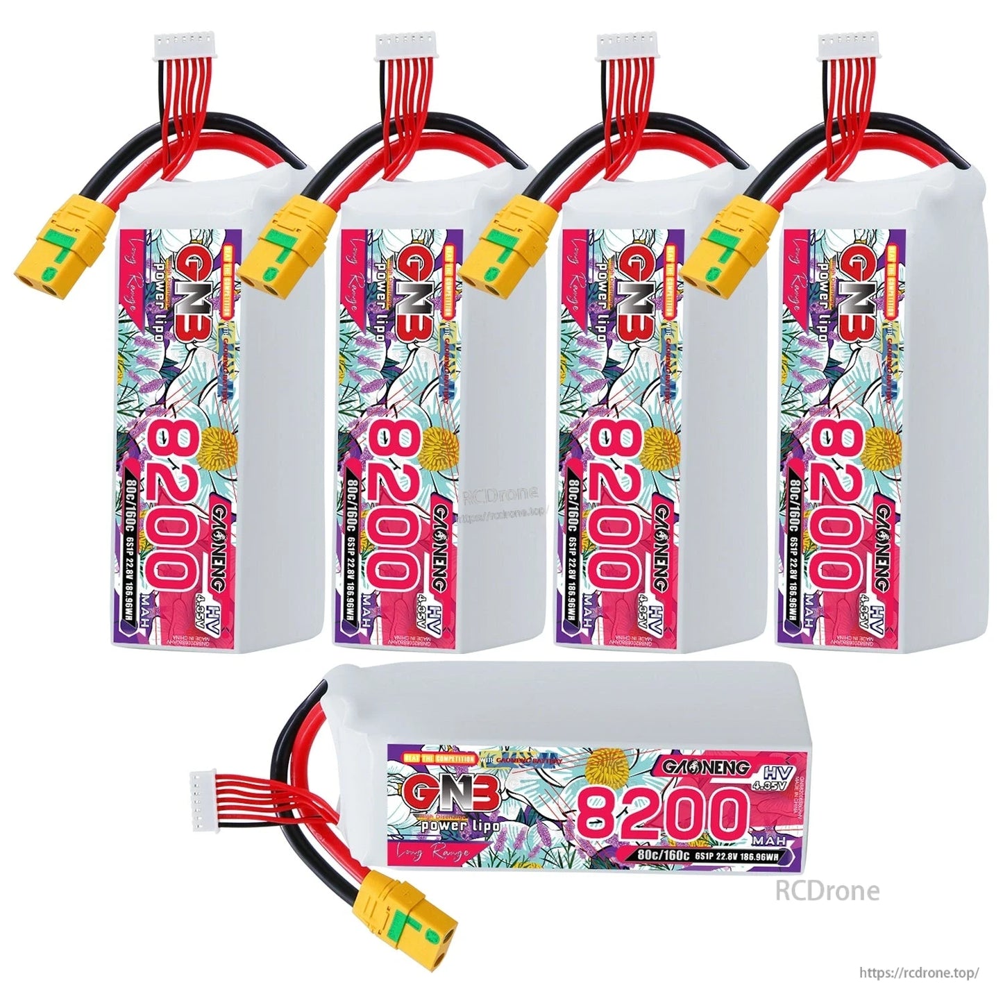 Bundle display: four upright GNB 8200mAh HV 6S packs plus one pack shown horizontally with label visible