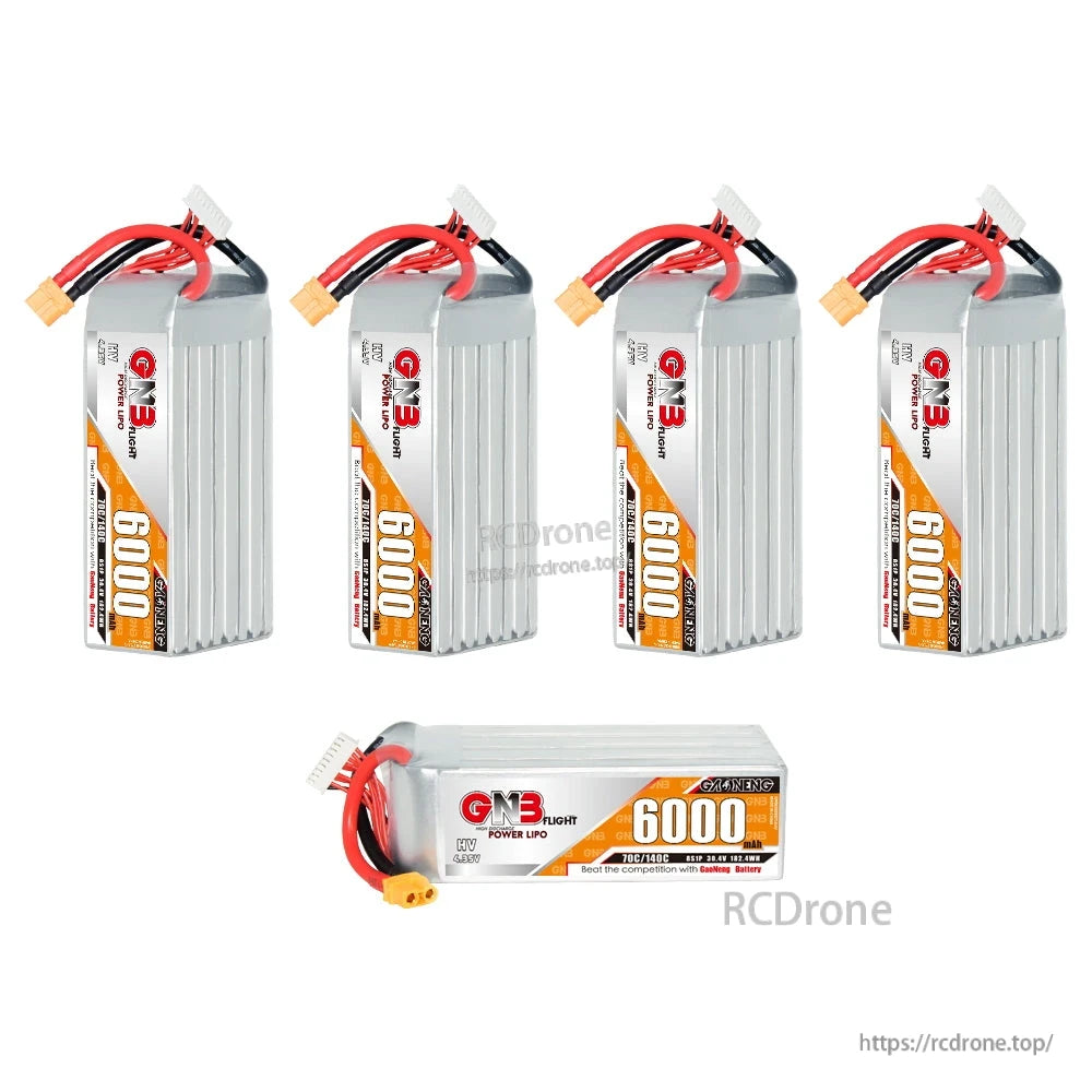 Five GNB HV 8S 6000mAh batteries shown together, four upright and one horizontal