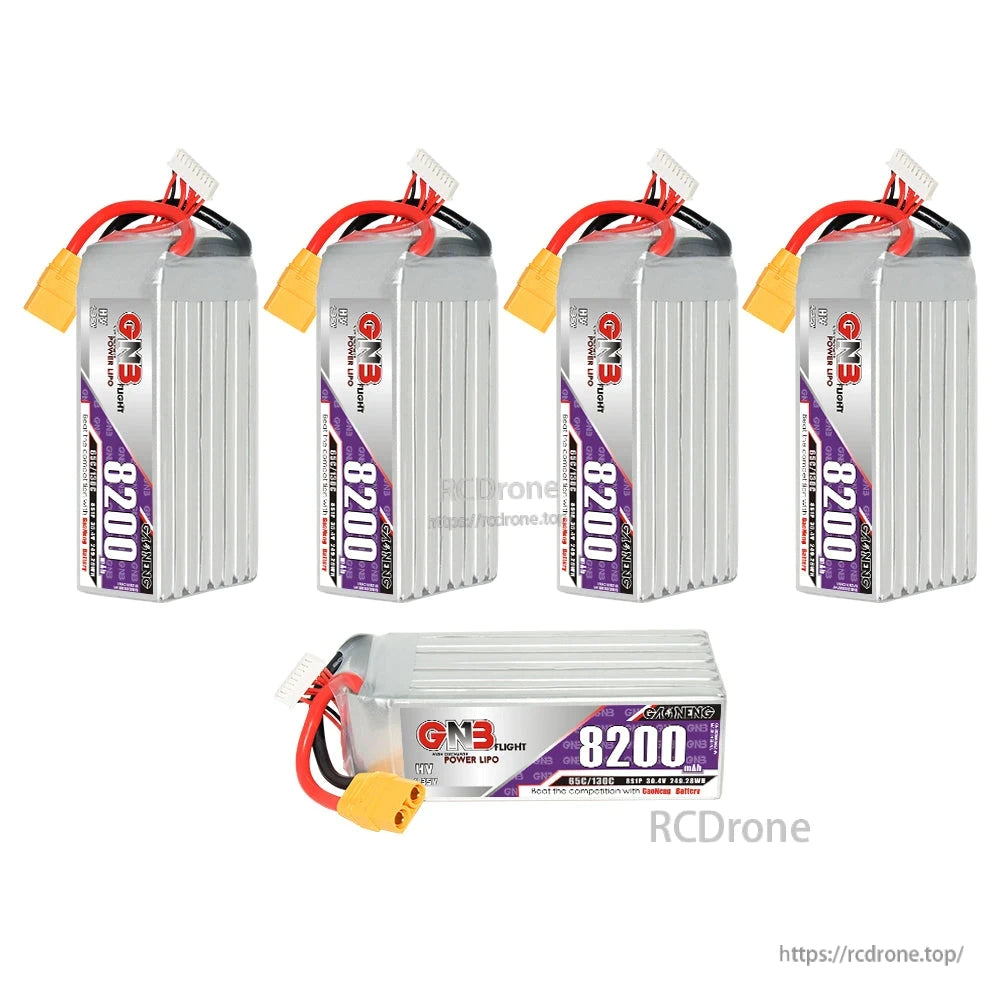 Set display of GAONENG GNB 8200mAh batteries: four upright plus one horizontal with XT90 lead