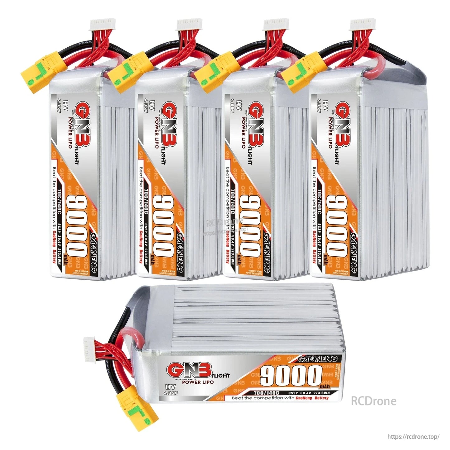 Four upright GNB 9000mAh packs plus one battery shown lying flat, all with XT90S connectors