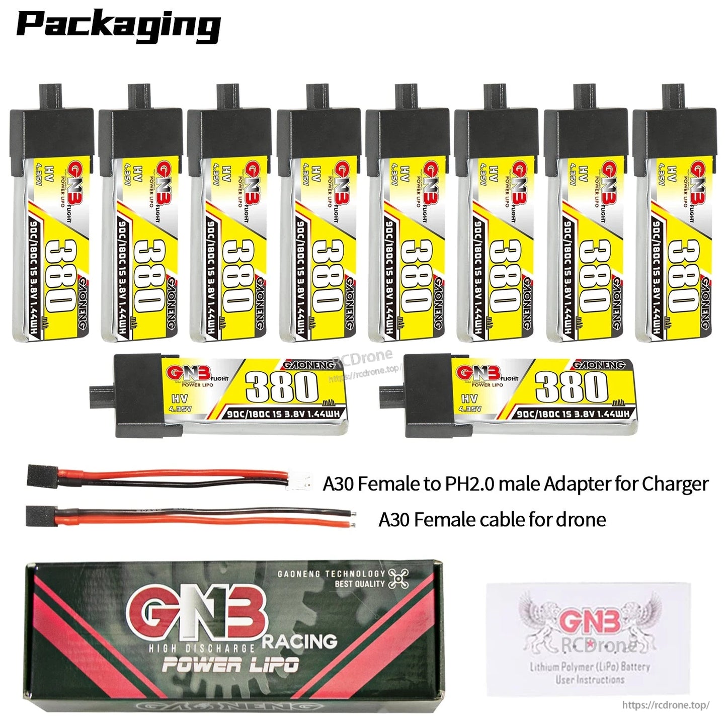 Packaging set: ten batteries (eight upright plus two horizontal), A30 adapter cable, box and manual