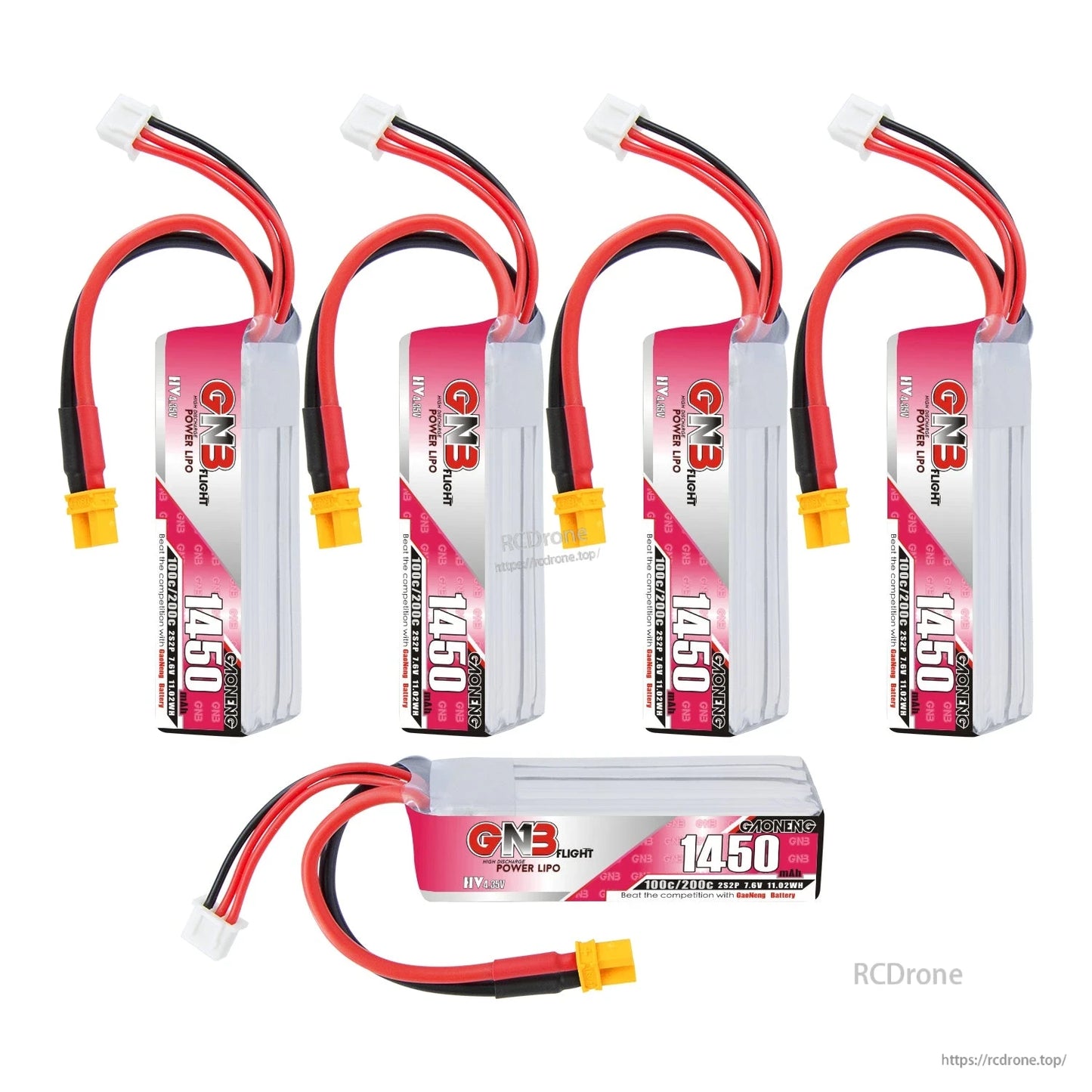 Five-battery set display: four upright and one horizontal GNB 1450 LiHV pack with XT30 plug