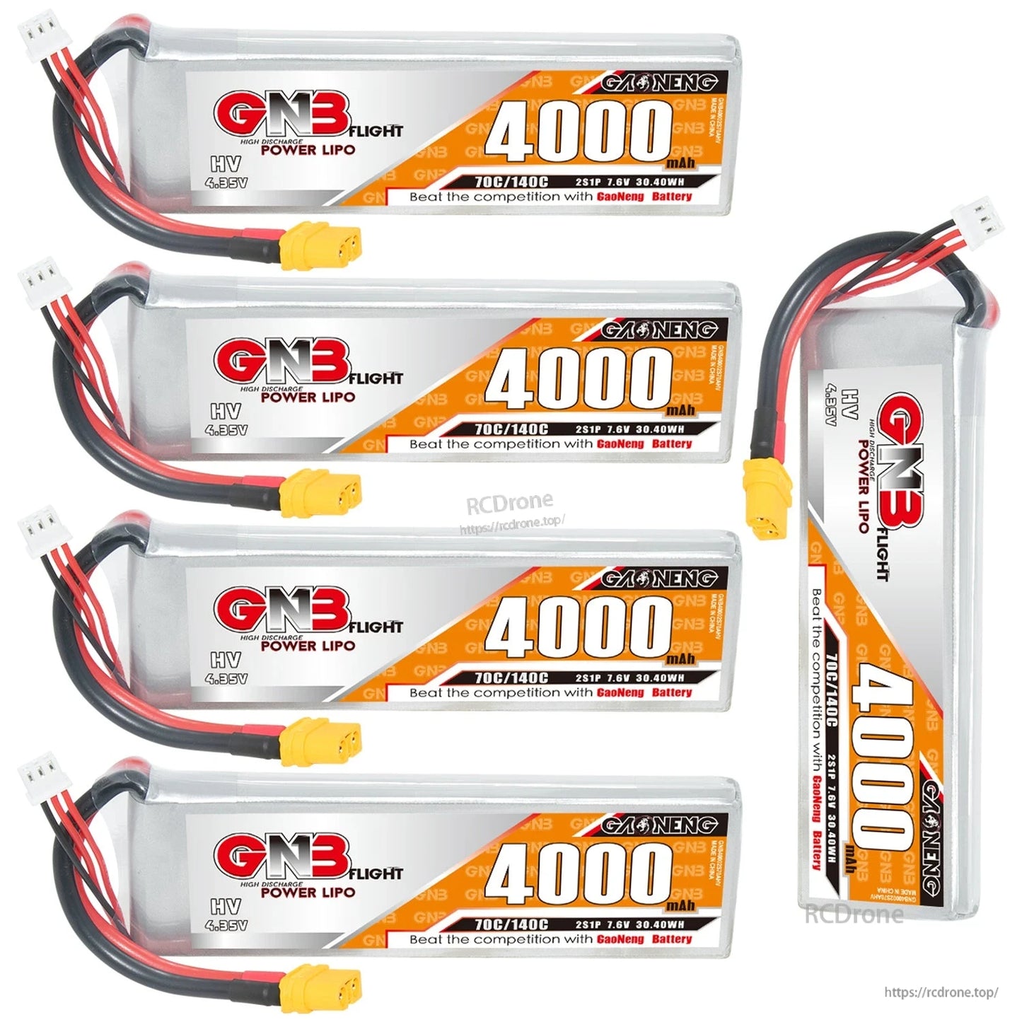 Five-battery group display showing four horizontal packs and one upright 4000mAh LiHV battery