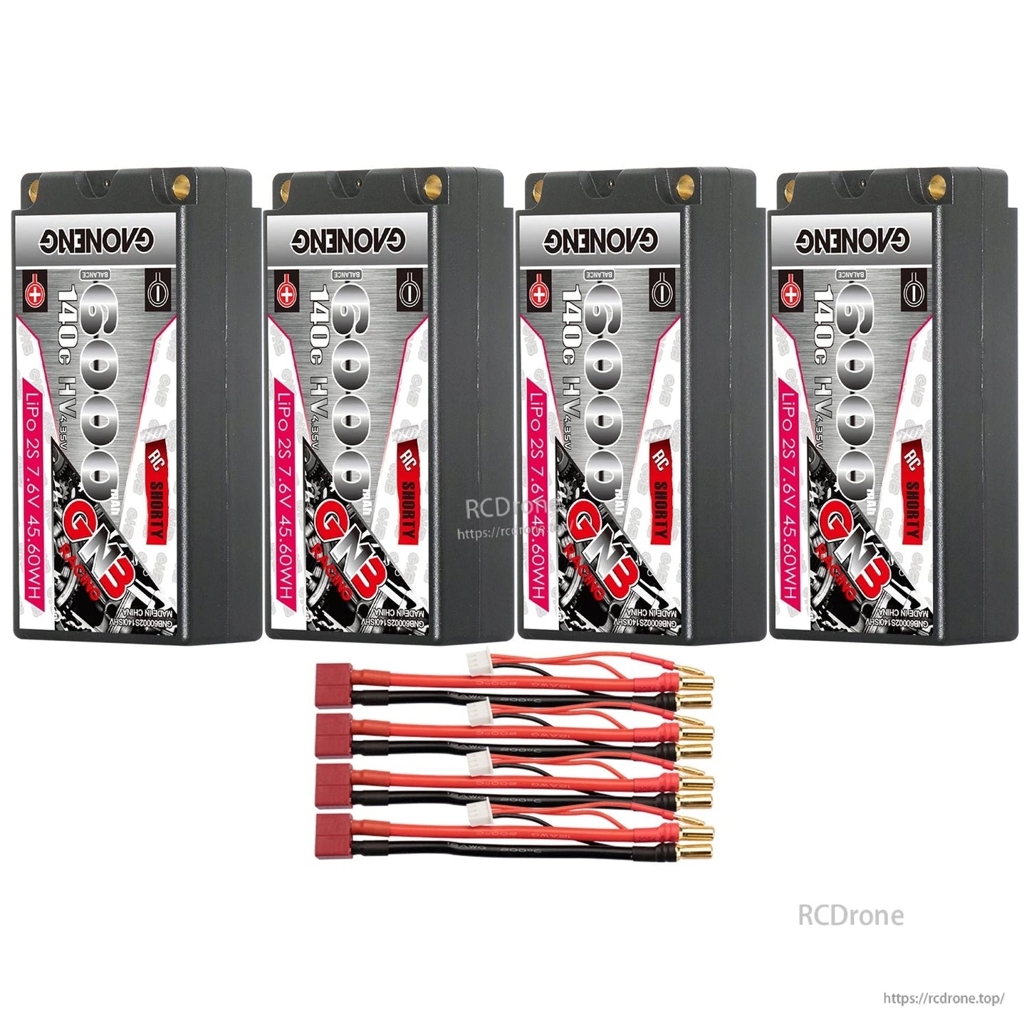 Four-pack bundle with Deans/T plug leads and 5.0mm bullet plugs for each battery