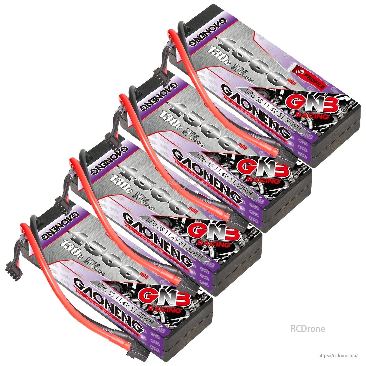 Four GNB 4500mAh 3S LiHV hard case batteries stacked with leads and balance plugs