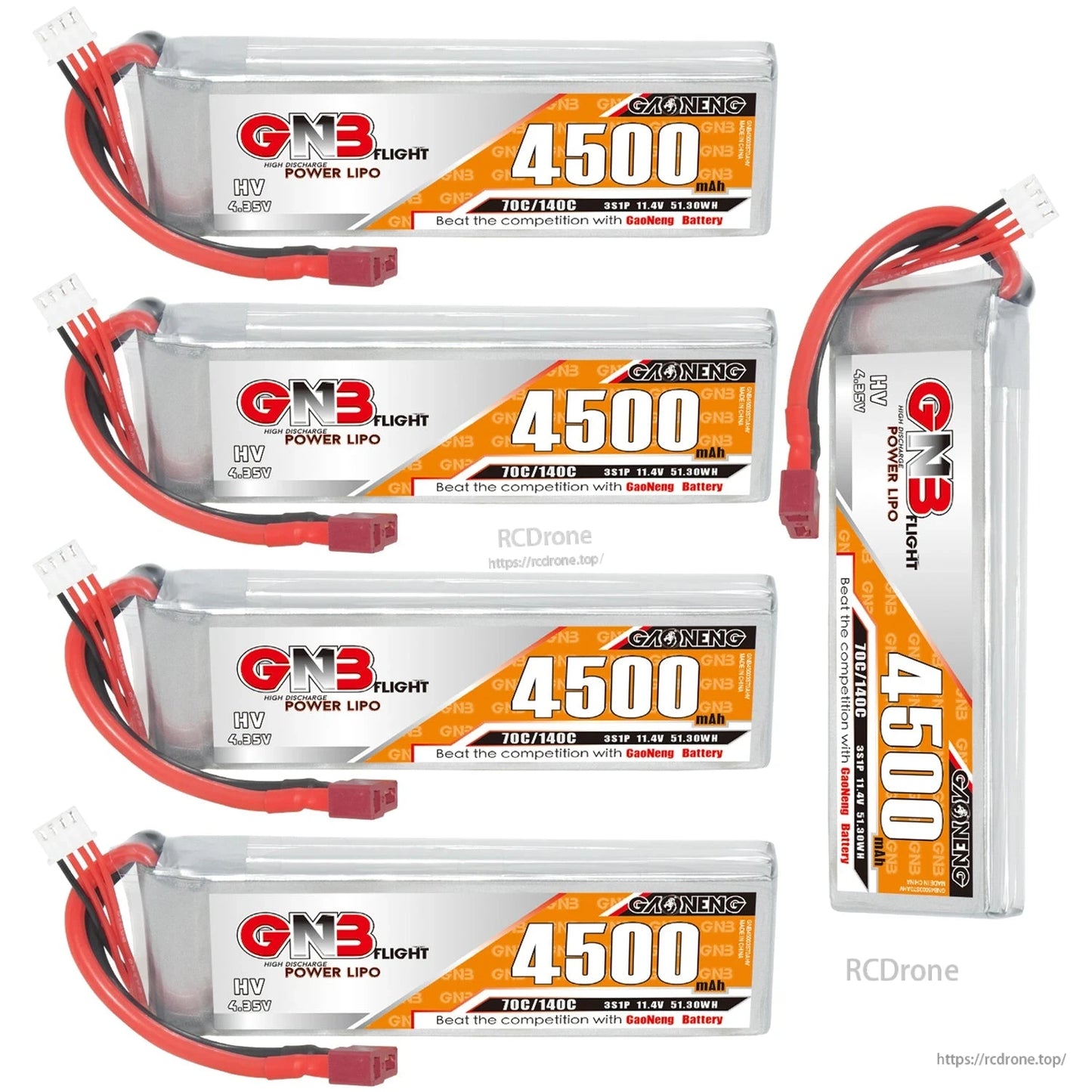 Four GNB 4500mAh packs plus one upright side-view battery, showing label and connector leads