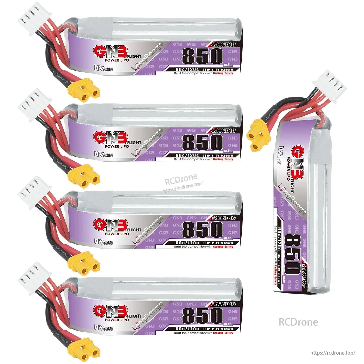 Four batteries in a row plus one standing upright, showing side label and XT30 connectors