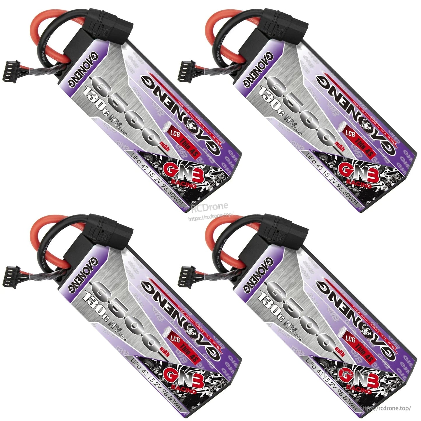 Four GAONENG GNB 6500mAh hard case LiHV battery packs shown at angle, XT90 leads visible