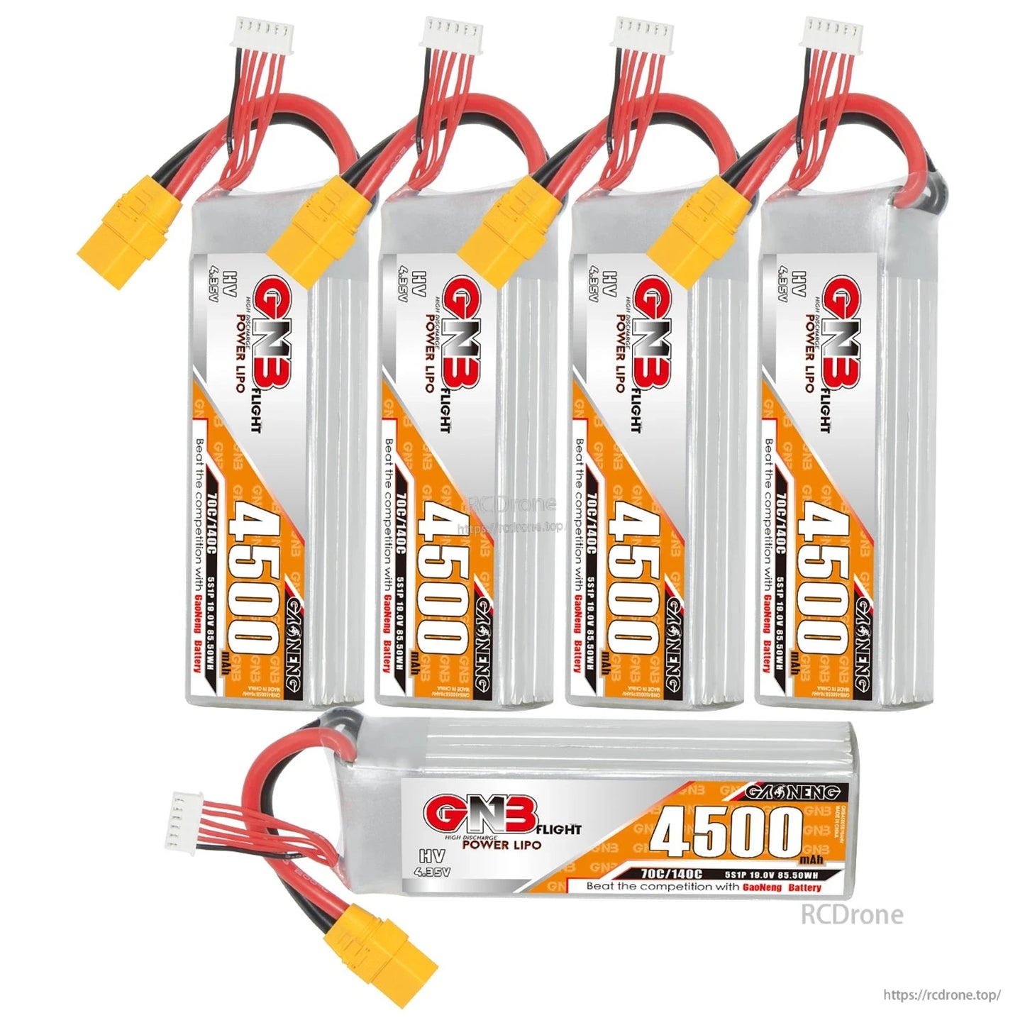 Five GNB 4500mAh LiHV battery packs shown (four upright, one horizontal) with balance leads and plugs