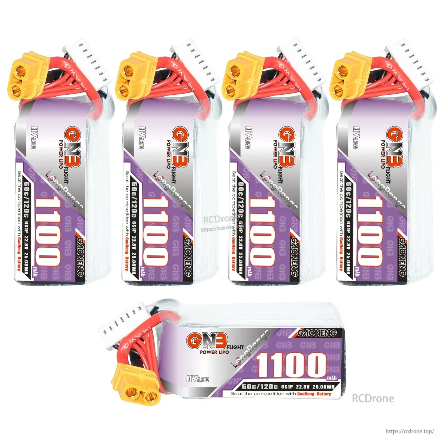 Group photo with four upright GNB 1100mAh packs and one horizontal pack, XT60 leads shown
