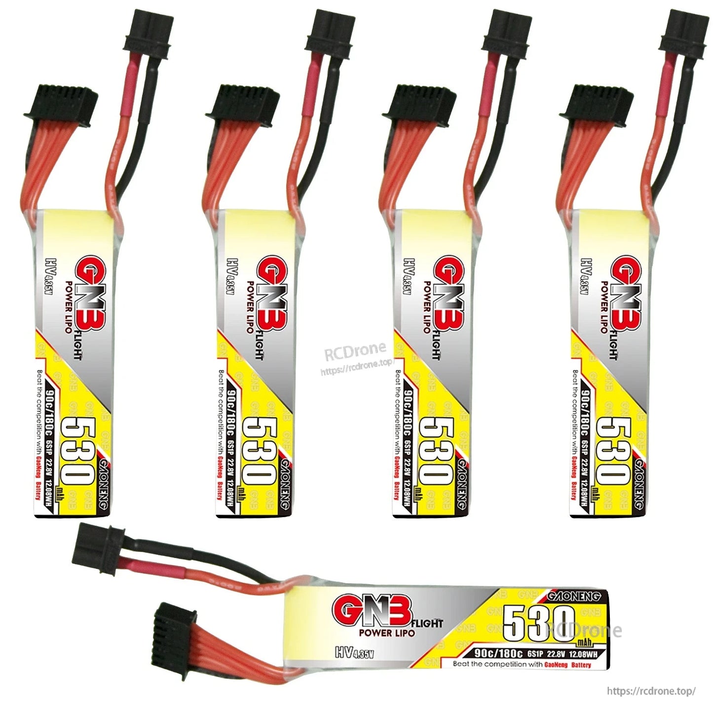Five GNB 530mAh 6S LiHV long batteries displayed together, one shown horizontally