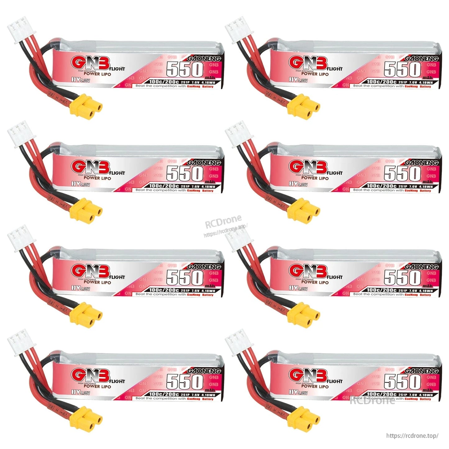 Eight-pack layout of GNB 550mAh 2S LiHV batteries showing labels and yellow XT30 connectors