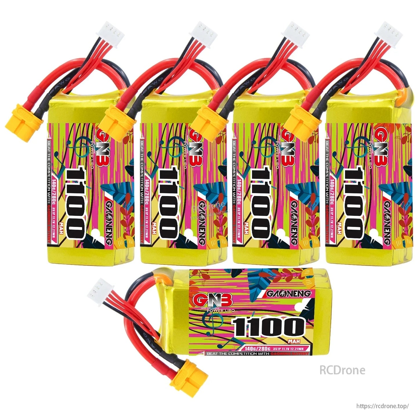 Bundle layout showing four upright 1100mAh batteries plus one horizontal battery with label visible