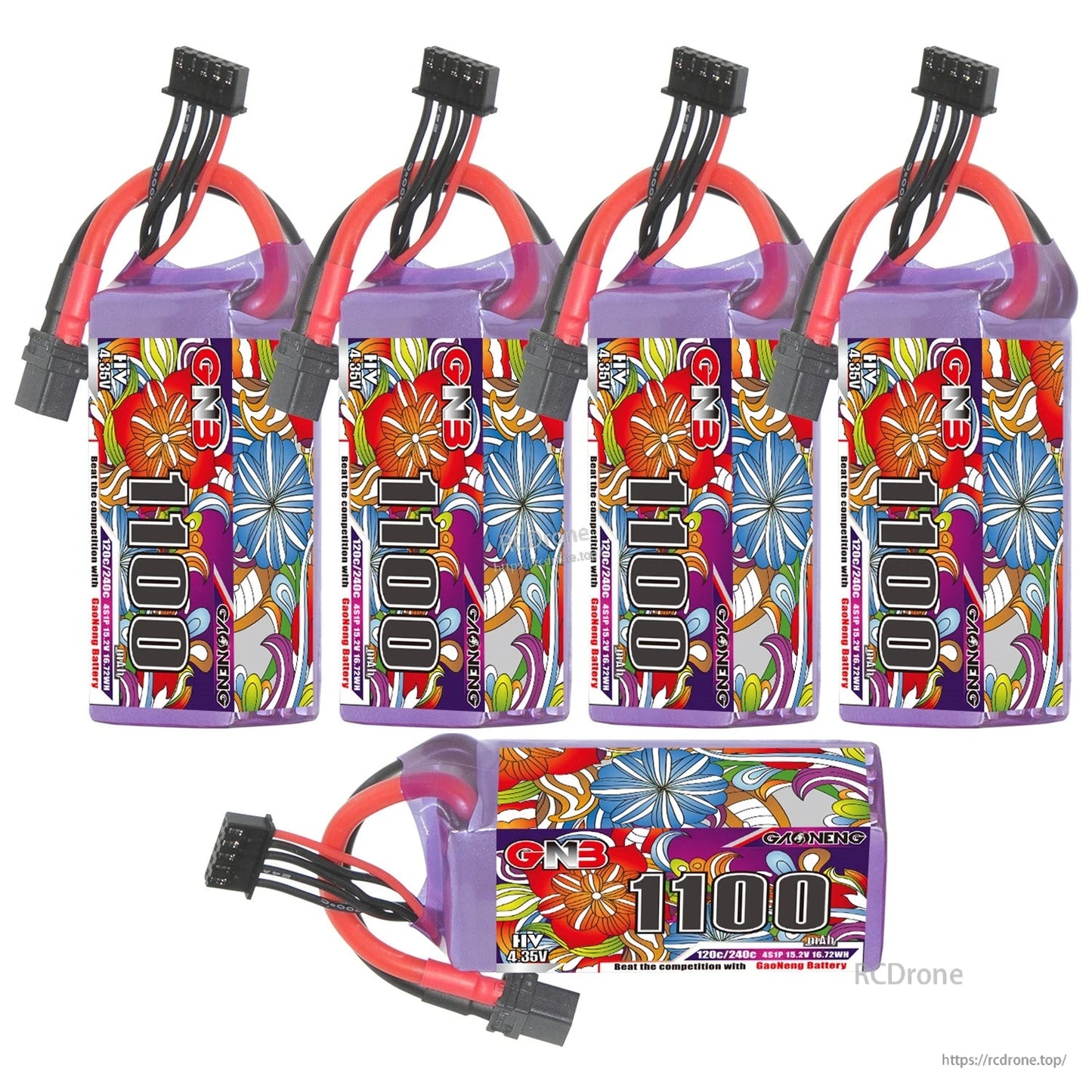 Five GNB 1100 batteries set, four upright plus one horizontal showing label and XT60 connector