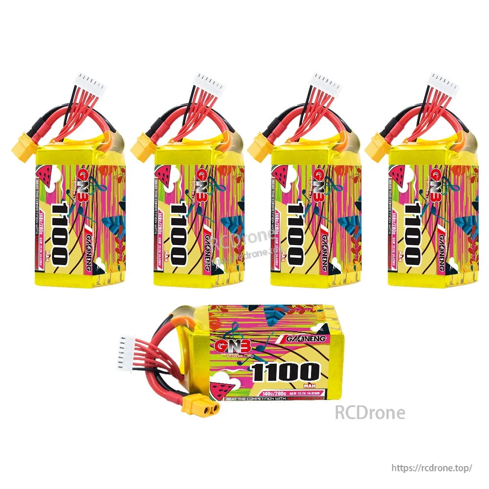 Set display: four upright GNB 1100mAh batteries plus one horizontal battery showing label and XT60 plug