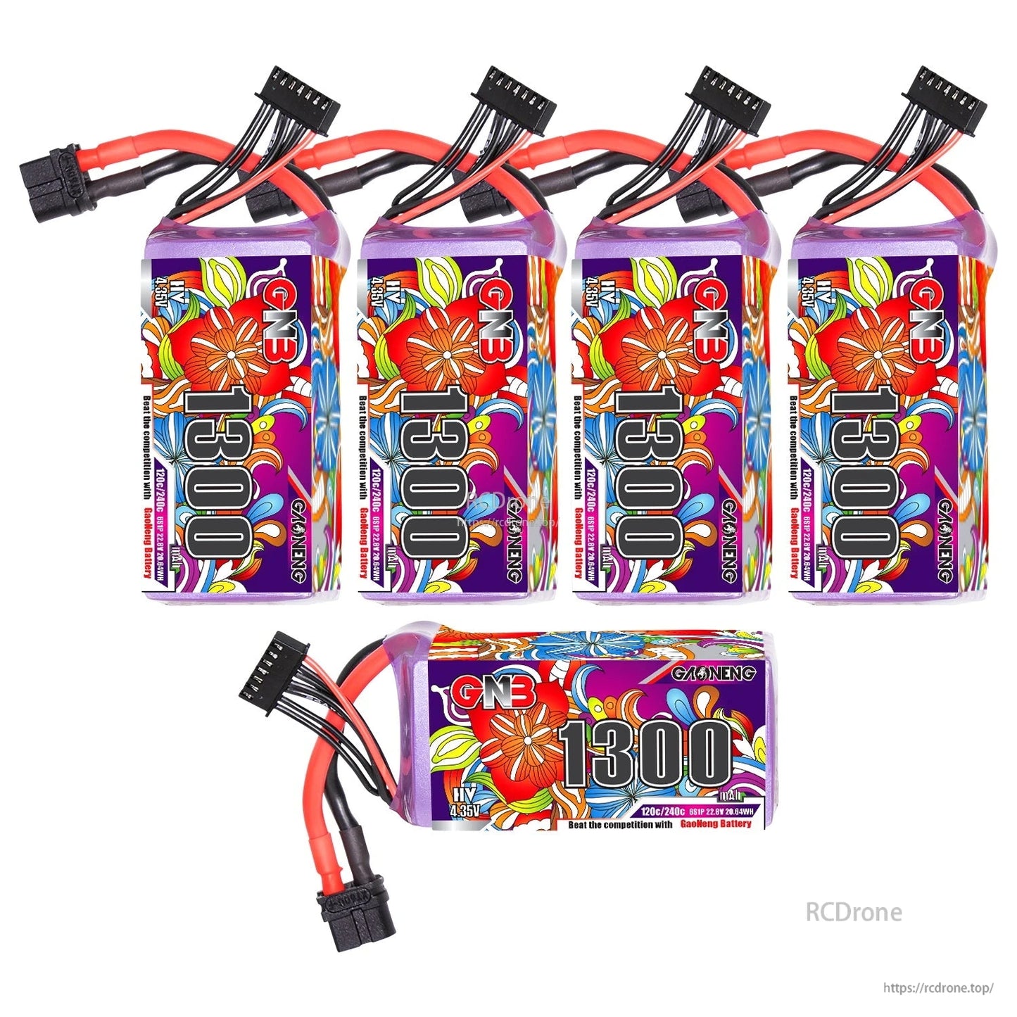 Five-view collage of GNB 1300mAh LiHV LiPo batteries showing upright and side orientations