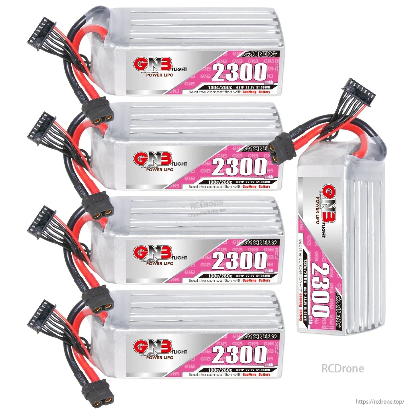 Four GNB 2300mAh LiPo batteries plus one upright battery, showing label and connector orientation