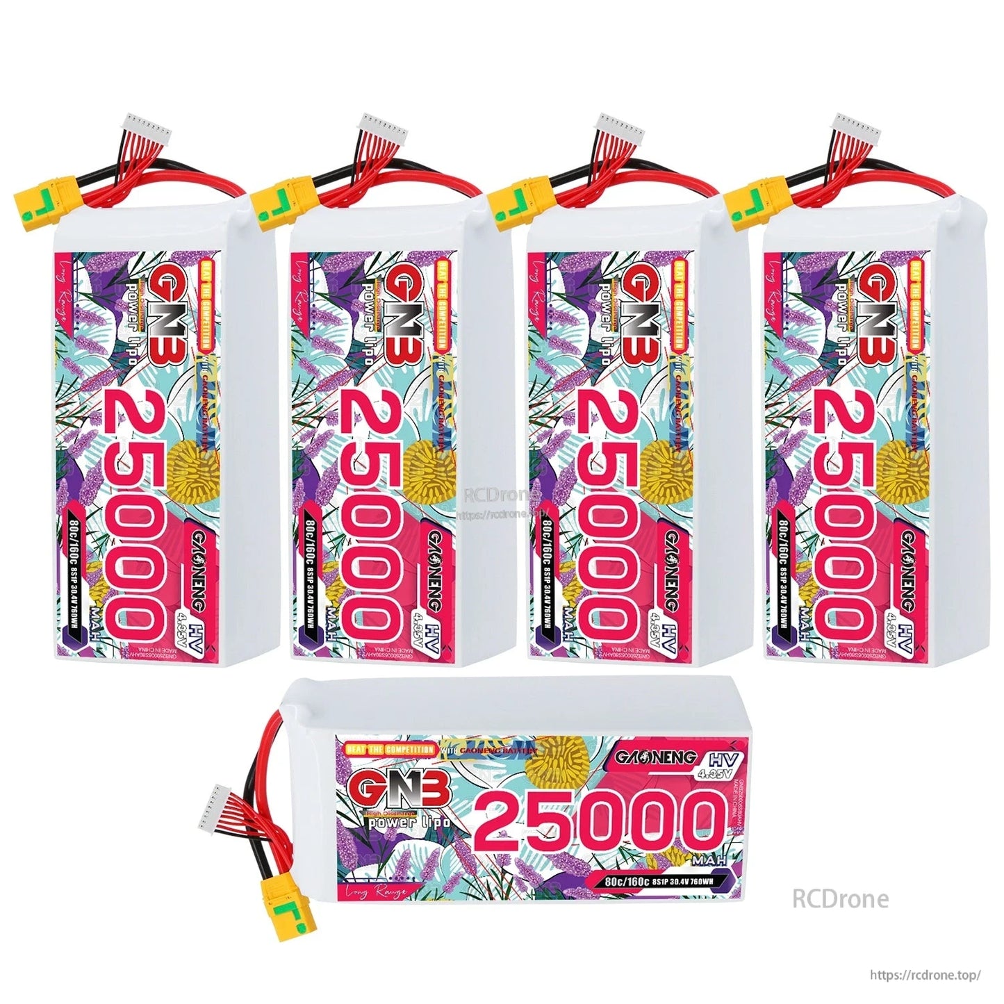 GAONENG GNB 25000mAh HV LiPo multipack display with four upright packs and one horizontal pack